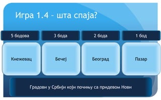 Крећемо!
Игра 1.4 – шта спаја?
Кнежевац Бечеј Београд Пазар
Градови у Србији који почињу са придевом Нови
5 бодова 3 бода 2 бода 1 бод
 