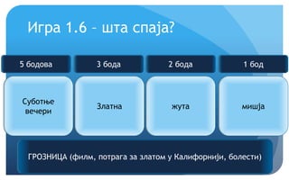 Крећемо!
Игра 1.6 – шта спаја?
Суботње
вечери
Златна жута мишја
ГРОЗНИЦА (филм, потрага за златом у Калифорнији, болести)
5 бодова 3 бода 2 бода 1 бод
 