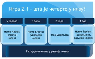 Спемни!
Игра 2.1 – шта је четврто у низу?
Homo Habilis
(спретан
човек)
Homo Erectus
(усправан
човек)
Неандерталац ?
Еволуционе етапе у развоју човека
5 бодова 3 бода 2 бода 1 бод
Homo Sapiens
(савремени,
разуман човек)
 