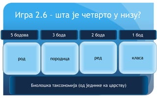 Еурека!
Игра 2.6 – шта је четврто у низу?
род породица ред ?
Биолошка таксономија (од јединке ка царству)
5 бодова 3 бода 2 бода 1 бод
класа
 