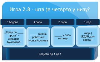 Еурека!
Игра 2.8 – шта је четврто у низу?
„Људи са ____
прста“ –
Миодраг
Булатовић
_____ закона
роботике
Исака Асимова
_____ у овом
питању
?
Бројеви од 4 до 1
5 бодова 3 бода 2 бода 1 бод
(нпр.)
ЈЕДАН,али
вредан
 