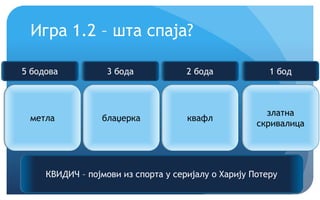Крећемо!
Игра 1.2 – шта спаја?
метла блаџерка квафл
златна
скривалица
КВИДИЧ – појмови из спорта у серијалу о Харију Потеру
5 бодова 3 бода 2 бода 1 бод
 