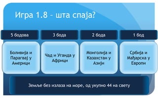 Крећемо!
Игра 1.8 – шта спаја?
Боливија и
Парагвај у
Америци
Чад и Уганда у
Африци
Монголија и
Казахстан у
Азији
Србија и
Мађарска у
Европи
Земље без излаза на море, од укупно 44 на свету
5 бодова 3 бода 2 бода 1 бод
 