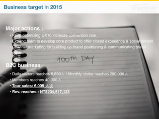 Tripresso – Traffic, MKT vs. Rev. plan in 2015 
Traffic 
(visitor/quarterly) 
500,000 
400,000 
300,000 
200,000 
100,000 
Tripresso estimated ,Nov/2014 
110,000,000 
82,500,000 
55,000,000 
27,500,000 
0 
0 
Visitor (quarter) Rev. 
Rev. 
(NT$/quarterly) 
Q4’14 Q1’15 Q2’15 Q3’15 Q4’15 
visitor (quarter) 102,324 155,864 171,293 251,050 439,922 
MKT budget 563,022 987,234 1,150,298 3,360,184 4,950,465 
Rev. 8,683,321 19,821,692 32,318,259 52,332,785 100,044,397 
 