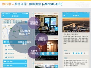 旅⾏行中 – 服務延伸 : 數據蒐集 (+Mobile APP) 
多家⾏行程 
隨⾝身帶⾛走 
團體旅遊⾏行程 
導覽 
即時性 
評價收集 
Tripresso 
Mobile APP 
互動式 
⾏行程資訊 
 