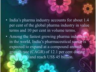 • India’s pharma industry accounts for about 1.4
per cent of the global pharma industry in value
terms and 10 per cent in volume terms.
• Among the fastest growing pharma industries
in the world, India’s pharmaceutical sector is
expected to expand at a compound annual
growth rate (CAGR) of 12.1 per cent during
2012–2020 and reach US$ 45 billion.
 