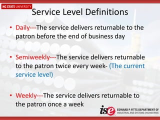 Service Level Definitions Daily--- The service delivers returnable to the patron before the end of business day Semiweekly--- The service delivers returnable to the patron twice every week-  (The current service level) Weekly--- The service delivers returnable to the patron once a week 