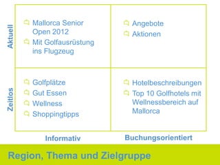 Mallorca Senior        Angebote
Aktuell

          Open 2012              Aktionen
          Mit Golfausrüstung
          ins Flugzeug



          Golfplätze             Hotelbeschreibungen
Zeitlos




          Gut Essen              Top 10 Golfhotels mit
          Wellness               Wellnessbereich auf
          Shoppingtipps          Mallorca


             Informativ        Buchungsorientiert

Region, Thema und Zielgruppe
 