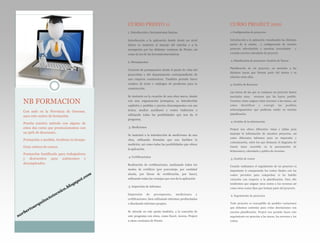 CURSO PRESTO 11

CURSO PROJECT 2010

1. Introducción y herramientas básicas

1. Configuración de proyectos

Introducción a la aplicación donde desde un nivel

Introducción a la aplicación visualizando las distintas

básico se instruirá al manejo del interfaz y a la

partes de la misma

navegación por las distintas ventanas de Presto, así

proyecto adecuándolo a nuestras necesidades

como al uso de las herramientas básicas

creando nuestro calendario de proyecto

2. Presupuestos

2. Planificación de proyectos: Gestión de Tareas

Creación de presupuestos desde el punto de vista del
proyectista o del departamento correspondiente de
una empresa constructora. También permite hacer
cuadros de texto o catálogos de productos para la

y configuración de nuestro
y

Planificación de un proyecto, en atención a las
distintas tareas que forman parte del mismo y su
relación entre ellas.
3. Gestión de Recursos

construcción.
Las tareas de las que se compone un proyecto tienen

Se instruirá en la creación de una obra nueva, donde

Con sede en la Provincia de Ourense,
nace este centro de formación.
Prueba nuestro método con alguno de
estos dos curso que promocionamos con
un 50% de descuento.
Formación a medida. Gestiona tu tiempo

Veremos cómo asignar estos recursos a las tareas, así

capítulos y partidas y precios descompuestos con sus

NB FORMACION

asociados unos

con una organización jerárquica, se introducirán

como

textos, medios auxiliares y costes indirectos y

sobreasignaciones que pudieran existir en nuestra

utilizando todas las posibilidades que nos da el

planificación

programa.
3. Mediciones
Se instruirá a la introducción de mediciones de una
obra, utilizando fórmulas que nos faciliten la

.bl
co
i

no

a
to
er
rb

cto
ite
u
rq

n
tec

o
sp
og

corregir

las

posibles

manejar la información de nuestros proyectos, así
como diferentes informes para su impresión y
comunicación, entre los que destacan el diagrama de
Gannt

(muy

recurrido

en

la

presentación

de

licitaciones), calendario y gráfico de recursos.

4. Certificaciones

5. Gestión de costos

Realización de certificaciones, analizando todos los
modos de certificar (por porcentaje, por cantidad

om
t.c

y

Project nos ofrece diferentes vistas y tablas para

la aplicación.

Formación bonificada para trabajadores
y descuentos para autónomos y
desempleados.

identificar

4. Gestión de la información

medición, así como todas las posibilidades que ofrece

Gran cartera de cursos.

recursos que las hacen posible.

Cuando realizamos el seguimiento de un proyecto es
importante ir comparando los costos finales con los

alzada, por líneas de certificación, por fases),

costos previstos para comprobar si ha habido

utilizando todas las ventajas que nos da la aplicación

variación con respecto a la planificación. Para ello
tendremos que asignar unos costos a los recursos así

5. Impresión de informes
Impresión

de

presupuesto,

como otros costos fijos que forman parte del proyecto.

mediciones

y

6. Seguimiento de proyectos

certificaciones, bien utilizando informes prediseñados
o diseñando informes propios.

Todo proyecto es susceptible de posibles variaciones
que debemos controlar para evitar desviaciones con

Se atiende en este punto también, a la conexión de

nuestra planificación. Project nos permite hacer este

este programa con otros, como Excel, Access, Project

seguimiento en atención a las tareas, los recursos y los

u otras versiones de Presto.

costos.

 