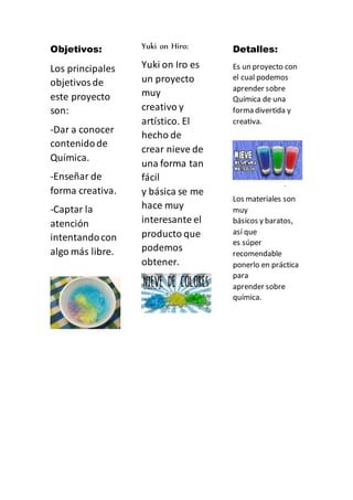 Objetivos:
Los principales
objetivosde
este proyecto
son:
-Dar a conocer
contenidode
Química.
-Enseñar de
forma creativa.
-Captar la
atención
intentandocon
algo más libre.
Yuki on Hiro:
Yuki on Iro es
un proyecto
muy
creativo y
artístico. El
hecho de
crear nieve de
una forma tan
fácil
y básica se me
hace muy
interesante el
producto que
podemos
obtener.
Detalles:
Es un proyecto con
el cual podemos
aprender sobre
Química de una
forma divertida y
creativa.
.
Los materiales son
muy
básicos y baratos,
así que
es súper
recomendable
ponerlo en práctica
para
aprender sobre
química.