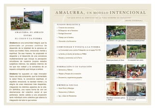 A M A L U R R A , U N M O D E L O I N T E N C I O N A L
“ L O Q U E E S T Á A L S E RV I C I O D E L A V I D A S I E M P R E E S C R E AT I V O ”
I R E N E G O I KO L E A
V I S I O N H O L I S T I C A
• Creación de conciencia
• El Despertar de lo Femenino
• Ecología Emocional
• Trabajo con la Sombra
• Honrando a los Ancestros
Rituales para honrar a la Tierra.
C O M U N I D A D Y V U E LT A A L A T I E R R A
• La Comunidad como camino:Trabajando con el espejo TU=YO
• La familia y la familia de familias: La TRIBU
• Rituales y ceremonias con la Tierra
Encuentros y seminarios.
La comunidad como camino.
E M P R E S A S O C I A L
• Hotel Rural y Albergue
• Restaurante y Cafetería
• Spa y Salas de Polivalentes
Hotel Rural, restaurante cafeteria
y albergue.
Sp, salas de masajes y tratamientos
de salud integral.
Amalurra es una comunidad integral, que ha
potenciado un proceso continuo de
desarrollo de la totalidad de la persona en
todos sus niveles: físico, emocional, mental y
espiritual. De esa manera, ha propiciado el
despertar y el desarrollo de una conciencia
multidimensional que incluye la percepción
simultánea de nuestros propios estados
subjetivos internos, los estados internos de
los que nos rodean y la conciencia de un
espacio compartido que incluye a ambos.
Amalurra ha supuesto un viaje innovador
hacia una vida consciente, que ha fomentado
la salud física, la conciencia espiritual, el
equilibrio emocional, la claridad mental y la
alegría de unas relaciones más despiertas,
integrando los distintos aspectos de la vida.
En deﬁnitiva, una nueva forma de vivir sin
desmarcarse del colectivo social al que
pertenece, dando cabida a una proyección
tanto individual como colectiva que abarca la
integración de todo lo que somos.
A M A L U R R A , E L A B R A Z O
E N T R E
E L C I E L O Y L A T I E R R A
F O R M A C I Ó N Y C O - S A N A C I Ó N
• Seminarios y Talleres
• Masajes y Terapias de co-sanación
• Encuentros y experiencias grupales
Ta!eres y cursos formativos.
Trabajos de crecimiento personal.Aprendiendo a saber qué sentimos.
 