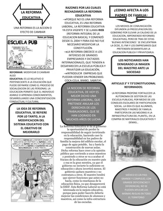 LA REFORMA
EDUCATIVA
LA IDEA DE REFORMA
EDUCATIVA, SE REFIERE
POR LO TANTO, A LA
MODIFICACION DEL
SISTEMA EDUCATIVO CON
EL OBJETIVO DE
MEJORARLO
LA NOCION DE REFORMA
EDUCATIVA, DE HOY ES
MEJOR DICHO UNA
REFORMA LABORAL, QUE
PRETENDE ANULAR LOS
DERECHOS DE LOS
TRABAJADORES, QUE SE
HAN LOGRADO EN
MUCHOS AÑOS DE LUCHA
LOS NOTICIARIOS HAN
DENIGRADO LA IMAGEN
DEL MAESTRO ANTE LA
SOCIEDAD
UNA REFORMA ES LA ACCION O
EFECTO DE CAMBIAR
REFORMAR: MODIFICAR O CAMBIAR
ALGO
EDUCATIVA: ES LO RELATIVO O
PERTENECIENTE A LA EDUCACIÓN QUE
PUEDE DEFINIRSE COMO EL PROCESO DE
SOCIALIZACION DE LAS PERSONAS. LA
EDUCACION PERMITE QUE EL INDIVIDUO
ASIMILE O APRENDA CONOCIMIENTOS,
DESARROLLANDO UNA CONCIENTIZACION
CONDUCTUAL Y CULTURAL
RAZONES POR LAS CUALES
RECHAZAMOS LA REFORMA
EDUCATIVA
PORQUE NO ES UNA REFORMA
EDUCATIVA, ES UNA REFORMA
LABORAL, LA REFORMA EDUCATIVA
YA ESTA VIGENTE Y SE LLAMA RIEB
(REFORMA INTEGRAL DE LA
EDUCACION BASICA), Y COMENZÓ
DESDE EL 2004 Y PARA ESO NO FUE
NECESARIO MODIFICAR LA
CONSTITUCIÓN.
LA REFORMA OBEDECE A LOS
INTERESES DE GRANDES
EMPRESARIOS Y DICTADOS
INTERNACIONALES, QUE TIENDEN A
DESAPARECER LA ESCUELA PÚBLICA Y
PRIVATIZAR LA EDUCACIÓN,
INTRODUCIR EMPRESAS QUE
PUEDAN VENDER SIN PROBLEMAS:
COCA-COLA, BIMBO, SABRITAS
La Reforma Educativa le da al gobierno
la oportunidad de perder la
responsabilidad de seguir invirtiendo
en la educación, haciendo caer la
responsabilidad en los padres de
familia la mejora del edificio escolar, el
pago de agua potable, luz y hasta la
construcción de nuevas aulas.
Dicha reforma hace creer a la opinión
pública que corriendo a unos maestros
y poniendo a otros se va a acabar el
fracaso de la educación en nuestro país
y esa es la gran mentira, ya que el
gobierno no invierte lo suficiente en
educación y ahora invertirá menos. El
gobierno quitara maestros y no
contratara a otros. El maestro tendrá
que ejercer funciones que antes no
hacía, como la enseñanza de la
educación física, ya que desaparecerá
la ESEF. Esta Reforma Laboral no está
interesada en la mejora educativa,
porque para poder hacerlo debería
mejorar las condiciones de alumnos y
maestros, así como la infra-estructura
de las escuelas.
LOS MEDIOS DE COMUNICACIÓN
DIFUNDEN LA PREOCUPACION DEL
GOBIERNO POR ELEVAR LA CALIDAD DE LA
EDUCACION, IMPONIENDO REFORMAS
EDUCATIVAS, PERO DE TRAS DE ESTAS
¨BUENAS INTENCIONES¨ SE ENCUENTRAN
LA OCDE, EL FMI Y LOS EMPRESARIOS QUE
PRETENDEN DESMANTELAR LA
EDUCACION PUBLICA Y PRIVATIZARLA.
ARTICULO 3° Y 73°CONSTITUCIONAL
REFORMADOS:
LA REFORMA PROPONE FORTALECER LA
AUTONOMIA DE GESTION DE LAS
ESCUELA PUBLICAS, POR MEDIO DE LOS
CONSEJOS ESCOLARES DE PARTICIPACION
SOCIAL. LA IDEA ES QUE ALUMNOS,
MAESTROS Y PADRES DE FAMILIA.
PARTICIPEN EN LAS MEJORAS A LA
INFRAESTRUCTURA DEL PLANTEL, EN LA
COMPRA DE MATERIALES EDUCATIVOS Y
DEMAS…
¿COMO AFECTA A LOS
PADRES DE FAMILIA?
MÉXICO ES UN PAIS
GRANDE Y COMPLEJO, CON
GRANDE DEFICIENCIAS Y
DIFERENCIAS, NO SE
PUEDEN APLICAR LAS
MISMAS REGLAS EN TODO
EL TERRITORIO
 