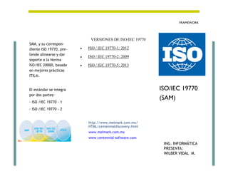 http://www.melmark.com.mx/
HTML/centennialdiscovery.html
www.melmark.com.mx
www.centennial-software.com
ISO/IEC 19770
(SAM)
SAM, y su correspon-
diente ISO 19770, pre-
tende alinearse y dar
soporte a la Norma
ISO/IEC 20000, basada
en mejores prácticas
ITIL®.
El estándar se integra
por dos partes:
· ISO /IEC 19770 – 1
· ISO /IEC 19770 – 2
FRAMEWORK
VERSIONES DE ISO/IEC 19770
 ISO / IEC 19770-1: 2012
 ISO / IEC 19770-2: 2009
 ISO / IEC 19770-5: 2013
ING. INFORMÁTICA
PRESENTA:
WILBER VIDAL M.
 