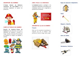 DESCRIPCIÓN DEL BOMBERO
El Cuerpo General de Bomberos
Voluntarios del Perú (CGBVP) es la
autoridad competente en materia de
prevención.
CAMPO DE TRABAJO DEL BOMBERO
Estación de bomberos o Parque de
bomberos es una estructura en la que se
almacenan los camiones y otrontra el
fuego, asimismo descansa allí el personal
de bomberos en espera de llamadas o
alarmas.
COMO AYUDA A LA COMUNIDAD
Los bomberos ayudan a proteger a la
comunidad, asesorando e informando a los
ciudadanos acerca de la seguridad y
prevención de incendios.
IMPLEMENTOS Q USA EL BOMBERO
Turnouts
Estos son los conjuntos de pantalones y
chaqueta que usa un bombero como
protección contra el fuego, calor y vapor.
Equipo de respiración independiente
Hacha
Manguera y Boquillas
Sierra de Cadena
Herramientas Hidráulicas
 