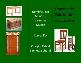 Nombres: Ian
Muñoz Valentina
Muñoz
Curso: 8°A
Colegio: Rafael
Sanhueza Lizardi

Proceso de
Fabricación
de una Silla

 