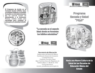 El Programa de Acción en el
Contexto Escolar (PACE), tiene
un enfoque integral y un sentido
formativo en los determinantes
de la salud como la
Alimentación y la Activación
Física, vistos como una
estrategia para combatir el
sobrepeso y la obesidad infantil.

Programa
Escuela y Salud
“PEyS”
“La escuela es el especio
ideal donde se fomentan
los hábitos saludables”

Nivel 6

Refrescos, agua de sabor

0 vasos

Nivel 5

Jugo 100% de fruta,
leche entera, bebidas deportivas
o bebidas alcoholicas

0 a 1/2 vasos

Bebidas no calóricas
con endulcolorantes artificiales

0 a 2 vasos

Café y te sin azúcares

Leche semi 7% y descremada
y bebida de soya sin azúcar adicionada

Agua potable

Nivel 4

Nivel 3

0 a 4 tazas

Nivel 2

0 a 2 vasos

Nivel 1

6 a 8 vasos

Secretaría de Educación
Subsecretaría de Educación Básica
Coordinación General de Innovación
y Calidad Educativa
Programa Escuela y Salud
Blvd. Francisco Coss y Av. Magisterio s/n
Teléfono (844) 4-11-88-00 ext. 3743
Correo electrónico:
escuela_salud@seducoahuila.gob.mx

Hacia una Nueva Cultura de la
Salud de las Escuelas de
Educación Básica del
Estado

 