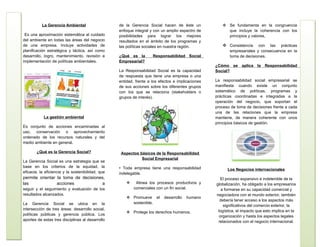 La Gerencia Ambiental                   de la Gerencia Social hacen de éste un              Se fundamenta en la congruencia
                                                   enfoque integral y con un amplio espectro de         que incluye la coherencia con los
 Es una aproximación sistemática al cuidado        posibilidades para lograr los mejores                principios y valores,
del ambiente en todas las áreas del negocio        resultados en el ámbito de los programas y
de una empresa. Incluye actividades de             las políticas sociales en nuestra región.           Consistencia     con las prácticas
planificación estratégica y táctica, así como                                                             empresariales y consecuencia en la
desarrollo, logro, mantenimiento, revisión e       ¿Qué es la        Responsabilidad Social               toma de decisiones.
implementación de políticas ambientales.           Empresarial?
                                                                                                   ¿Cómo se      aplica   la   Responsabilidad
                                                   La Responsabilidad Social es la capacidad       Social?
                                                   de respuesta que tiene una empresa o una
                                                   entidad, frente a los efectos e implicaciones   La responsabilidad social empresarial se
                                                   de sus acciones sobre los diferentes grupos     manifiesta cuando existe un conjunto
                                                   con los que se relaciona (stakeholders o        sistemático de políticas, programas y
                                                   grupos de interés).                             prácticas coordinadas e integradas a la
                                                                                                   operación del negocio, que soportan el
                                                                                                   proceso de toma de decisiones frente a cada
                                                                                                   una de las relaciones que la empresa
            La gestión ambiental                                                                   mantiene, de manera coherente con unos
                                                                                                   principios básicos de gestión.
Es conjunto de acciones encaminadas al
uso, conservación o aprovechamiento
ordenado de los recursos naturales y del
medio ambiente en general.

        ¿Qué es la Gerencia Social?                 Aspectos básicos de la Responsabilidad
                                                              Social Empresarial
La Gerencia Social es una estrategia que se
base en los criterios de la equidad, la            • Toda empresa tiene una responsabilidad              Los Negocios internacionales
eficacia, la eficiencia y la sostenibilidad, que   indelegable.
permite orientar la toma de decisiones,                                                               El proceso expansivo e indetenible de la
las              acciones            a                    Alinea los procesos productivos y       globalización, ha obligado a los empresarios
seguir y el seguimiento y evaluación de los               comerciales con un fin social.              a formarse en su capacidad comercial y
resultados alcanzados.                                                                             negociadora con el mundo exterior, también
                                                       Promueve el        desarrollo   humano
                                                                                                     debería tener acceso a los aspectos más
La Gerencia Social se ubica en la                       sostenible.
                                                                                                       significativos del comercio exterior, la
intersección de tres áreas: desarrollo social,                                                      logística, el impacto que esto implica en la
                                                       Protege los derechos humanos.
políticas públicas y gerencia pública. Los                                                           organización y hasta los aspectos legales
aportes de estas tres disciplinas al desarrollo                                                     relacionados con el negocio internacional.
 