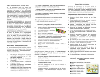 AMBIENTES DE APRENDIZAJE
EL PLAN DE ESTUDIOS 2011 DE EDUCACIÓN BÁSICA,             6. La igualdad de derechos entre niñas y niños se fomenta desde su
                                                          participación en actividades de socialización y aprendizaje.               Ambiente de aprendizaje: es el espacio donde se
Es     el documento rector que define las                                                                                            desarrolla la comunicación y las interacciones que
competencias para la vida, el perfil de egreso, los                                                                                  posibilitan el aprendizaje. Con esta perspectiva se asume
                                                          7. Fomentar y mantener en las niñas y los niños el deseo de conocer,
Estándares Curriculares y los aprendizajes                                                                                           que en los ambientes de aprendizaje media la actuación
                                                          así como el interés y la motivación por aprender.
esperados que constituyen el trayecto formativo
                                                                                                                                     del docente para construirlos y emplearlos como tales.
de los estudiantes, y que se propone contribuir a
                                                          8. La confianza en la capacidad de aprender se propicia en un ambiente
la formación del ciudadano democrático, crítico y
                                                          estimulante en el aula y la escuela.                                       Rasgos esenciales para caracterizar los ambientes.
creativo que requiere la sociedad mexicana en el
siglo XXI, desde las dimensiones nacional y
global, que consideran al ser humano y al ser             9. La intervención educativa requiere de una planificación flexible.        Ambiente afectivo social (sentido del yo, habs.
                                                                                                                                         Sociales).
universal.
                                                          10. La colaboración y el conocimiento mutuo entre la escuela                Disciplina y autoridad (libertad regulada: Aceptación,
ESTANDARES CURRICULARES: son descriptores                 y la familia favorece el desarrollo de niñas y niños.                          amistad, participación y cooperación).
de logro y definen que los alumnos demostraran                                                                                        Ambiente de respeto (el docente actúa con justicia).
al concluir un periodo escolar; sintetizan los
aprendizajes esperados que, en los programas                    Principios pedagógicos de Educación Básica                            Saberes y capacidades para aprender (los niños
de educación primaria y secundaria; se organizar                                                                                         desarrollaran su sentido de auto- eficacia).
por asignatura-grado-bloque, y en educación                     Centrar la atención en los estudiantes y en los estudiantes y en       Errores en los procesos de aprendizaje (como una
preescolar por campo formativo-aspecto.                          sus procesos de aprendizaje.                                            fuente de aprendizaje de su enseñanza).
                                                                Planificar para potenciar el aprendizaje.                              Ritmos de aprendizaje diversos (despertar el deseo y
LOS APRENDIZAJES ESPERADOS: son indicadores                                                                                              el placer por aprender entre la diversidad de sus
                                                                Evaluar para aprender.
de logro, en términos de la temporalidad                                                                                                 alumnos).
                                                                Generar ambientes de aprendizaje.
establecida en los programas de estudio, definen                                                                                        Ambiente democrático (aprender las habilidades
                                                                Trabajar en colaboración para construir el aprendizaje.
lo que se espera que cada alumno debe en                                                                                                 necesarias para convertirlos en integrantes
términos de saber, saber hacer y saber ser;
                                                                Poner énfasis en el desarrollo de competencias, el logro de los         participativos y cooperativos de una sociedad
                                                                 estándares curriculares y los aprendizajes esperados.
además, le dan concreción al trabajo docente al                                                                                          democrática).
                                                                usar materiales educativos para favorecer el aprendizaje.
                                                                                                                                        No violencia (¿los niños pueden sentirse seguros?).
hacer constatable lo que los estudiantes logran, y
                                                                Favorecer la inclusión para atender a la diversidad.
                                                                                                                                        Crear un ambiente socio afectivo y de respeto (diálogo
constituyen un referente para la planificación y la
                                                                Incorporar temas de relevancia social.
                                                                                                                                        plural bajo un clima de tolerancia y respeto).
evaluación en el aula.
                                                                Renovar el pacto entre el estudiante, el docente, la familia y la
                                                                                                                                        Valores (ofrecer a los niños la oportunidad de
                                                                 escuela.
BASES PARA EL TRABAJO EN PREESCOLAR                                                                                                      experimentarlos y comprenderlos).
                                                                Reorientar el liderazgo.
                                                                                                                                        Inclusión a la diversidad cultural, de género de
Se ha considerado importante organizar las bases                La tutoría y la asesoría académica a la escuela.
                                                                                                                                         capacidades, social, económica. (nadie puede ser
en tres grandes rubros: “Características infantiles y
procesos de aprendizaje”, “Diversidad y equidad”,                                                                                        tratado como si valiera menos).
e “Intervención educativa”:                               Desde la política de la RIEB se concibe que la articulación en                Trabajo colaborativo (vínculos educadora-niños-padres-
                                                          tres los niveles de la educación básica, lo cual permite                       comunidad).
     Las niñas y los niños llegan a la escuela con      posibilitar el enlace entre:                                                  TIC: tecnologías de la información y comunicación
       conocimientos y capacidades que son la base               El perfil de egreso se espera que los alumnos al concluir
       para continuar aprendiendo.                                la educación básica.                                                   Intervención docente para fomentar un ambiente
     Las niñas y los niños aprenden en interacción
                                                                                                                                                          democrático
       con sus pares.                                            Aprendizajes esperados y estándares curriculares.
     El juego potencia el desarrollo y el aprendizaje
                                                                                                                                          Exponer la opinión propia y sus razones.
                                                                 Competencias para la vida.
       en las niñas y los niños.
                                                                                                                                          Inferir
     La educación inclusiva implica oportunidades              Principios pedagógicos en los que se sustenta la
       formativas de calidad para todos.                                                                                                  Razones hipotéticamente
                                                                  intervención docente.
     La atención de las niñas y los niños con                                                                                           Razonar analógicamente
       necesidades educativas especiales, con o sin              Enfoques didácticos correspondientes a los campos                       Relacionar causas y efectos
       discapacidad, y con aptitudes sobresalientes.              formativos y a las asignaturas que integran el mapa                     Relacionar partes y todo
                                                                  curricular.
                                                                                                                                          Relacionar medios y fines
                                                                                                                                          Establecer criterios
 