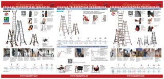 kg
Artigo n.º
Altura de trabalho
(escada)
Altura de trabalho
(escadote)
Altura do produto
(escada)
Altura do produto
(escadote)
Altura do produto
fechado
Largura
na base
Peso
(kg)
JH 101 3,30 - 5,00 2,00 - 2,80 2,55 - 4,20 8/14 Deg. 1,18 - 2,00 4/7 Deg. 1,30 0,55 13,5
JH 102 3,90 - 6,10 2,25 - 3,30 3,10 - 5,30 10/18 Deg. 1,45 - 2,55 5/9 Deg. 1,58 0,62 17,3
LITTLE GIANT Escada Telescópica ISOLANTE “DARK HORSE”
Degraus concebidos
com ângulo ergonómico
de forma a garantir uma
superficie plana.
Largura dos degraus:
42 ou 100 mm
(junção do deg. interior
com o deg. exterior).
Fecho de
bloqueio
robusto.
Ajuste fácil e
rápido da
alturada
da escada.
Botão da dobradiça
permite um ajuste fácil.
Basta pressionar e a
escada estende até a
posição desejada!
Fabricada
em fibra de
vidro. Material
não condutor,
indicado para
trabalhos
elétricos.
Construída com base
alargada, proporciona
mais estabilidade do
que as escadas
telescópicos
tradicionais.
Rodízios
incluídos,
garantem um
transporte
fácil e rápido
Usado como escadote,
é possível ter um lado
na posição vertical,
colocando-o contra
uma parede.
Apoio de topo disponível
como acessório, permite
maior estabilidade e
versatilidade.
Ideal em limpeza de
vidros, vãos, etc.
Montagem em
desnível, uma vez
que cada secção
pode ser extensível
em níveis distintos.
Quando totalmente
estendida, pode
atingir uma altura
de 5,30 m
Artigo LG102D.
Plataforma
de segurança
disponível como
acessório. Ideal para
trabalhos longos.
A escada possui
rodízios para
transporte
simples e fácil.
Com um kit de ligadores e uma prancha
telescópica (LG183/244), é possível
utilizar dois escadotes como uma base de
andaime.
kg
Artigo n.º
Altura de trabalho
(escada)
Altura de trabalho
(escadote)
Altura do produto
(escada)
Altura do produto
(escadote)
Altura do produto
fechado
Largura
na base
Peso
(kg)
LG 101 D 3,30 - 5,00 2,00 - 2,80 2,55 - 4,20 8/14 Deg. 1,18 - 2,00 4/7 Deg. 1,28 0,72 18,0
LG 102 D 3,90 - 6,10 2,25 - 3,30 3,10 - 5,30 10/18 Deg. 1,45 - 2,55 5/9 Deg. 1,56 0,72 21,0
Artigo
LG101D
Artigo
LG102D
PROFISSIONAL+
FIBRA DE VIDRO
EN 131 150 Kg
ANOS
GARANTIA3
QUALIDAD
E
EXTRA R
ESISTENTE
Construída em
liga de alumínio
6005-T5.
Torna a escada
leve e robusta
Botão da dobradiça
permite um ajuste fácil.
Basta pressionar e a
escada estende até à
posição desejada
Dobradiça extra
resistente
Fecho de
segurança
eficaz e
resistente
Degraus concebidos
com ângulo ergonómico
de forma a garantir uma
superficie plana.
Largura dos degraus:
25 ou 80 mm
(junção do deg. interior
com o deg. exterior).
Rodízios
incluídos
garantem um
transporte fácil e
rápido
Modelo LG100
não tem rodízios
Usado como escadote
é possível ter um lado
na posição vertical,
colocando-o contra
uma parede.
Montagem em
desnivel, uma vez
que cada secção
pode ser extensível
em níveis distintos.
Quando totalmente
estendida, pode
atingir uma altura
de 6,40 m
Artigo LG103.
A escada possui
rodízios para
transporte simples
e fácil (exceto o
modelo LG100).
Perna comextensão
Artigo LG105
Disponível como
acessório.
Ideal para superfícies
irregulares.
Apoio de topo disponível como acessório,
permite maior estabilidade e versatilidade.
Ideal para trabalhar em janelas, vãos ou
outros obstáculos.
Plataforma
de segurança
disponível como
acessório. Ideal
para trabalhos
longos.
Artigo
LG100
(sem rodízios)
Artigo
LG101Artigo
LG102
Artigo
LG103
PROFISSIONAL+
LITTLE GIANT Escada Telescópica “CLASSIC”EN 131 150 Kg
ANOS
GARANTIA3
QUALIDAD
E
EXTRA R
ESISTENTE
MATERIAL
ISOLANTE
www.equipleva.pt www.equipleva.pt
Escada Telescópica versátil ­­­– 2 escadas em 1:
Pode ser usada como escada estendida ou como escadote.
Fácil de armazenar devido às reduzidas dimensões.
Perfil robustoDegraus
concebidos
com ângulo
ergonómico
Dobradiça de
segurança em aço
galvanizado garante
maior resistência
LITTLE GIANT Escada Telescópica “HOBBY”EN 131 150 Kg
ANO
GARANTIA1
ECONÓMICA
www.equipleva.pt
ESCADAS TELESCÓPICAS PROFISSIONAIS
Apoio de Topo
Artigo LG111
Acrescenta largura
extra à escada.
Ideal para trabalhar
em torno das
janelas, caleiras,
etc.
Porta-ferramentas
Artigo LG012
Dispõe de uma
área magnética,
que impede o
deslizamento
de parafusos,
ferramentas e outros
utensilios.
Plataforma de
Segurança
Artigo LG104
Ideal para
trabalhos
longos. Facilmente
acoplada e retirada
da escada. Pode
ser rebatida
quando não está
em uso.
Balde de Pintura
Artigo LG050
Balde de grande
capacidade,
facilmente acoplado
à escada. Dispõe
de um suporte
magnético para o
rolo de pintura.
Saco de
Ferramentas
Artigo LG040
Permite dispor
das ferramentas e
outros utensílios
próximo do
utilizador
Prancha telescópica
Artigo LG183
183-274 x 33 cm (C x L)
Artigo LG244
244-396 x 33 cm (C x L)
Montada entre os dois
escadotes separados,
funciona como uma base
de andaime.
Altura até 1,00 m.
Montagem da Prancha telescópica
Acessórios requeridos
Escadas “DARK HORSE” - 1 kit de ligadores, Art. LG480
Escadas “CLASSIC” - Plataforma de Segurança, Art. LG104
Acessórios comuns as Escadas Telescópicas “Dark Horse” e “Classic”ANOS
GARANTIA3
VÍDEO
ACESSÓRIO
Kit de ligadores
Artigo LG480
Une os dois escadotes em separado
através de uma prancha telescópica
Medidas em metros
Medidas em metros
VÍDEO DOS ACESSÓRIOS
VÍDEO
Artigo
JH101
Medidas em metros
ESCADAS TELESCÓPICAS ISOLANTES ESCADAS TELESCÓPICAS ECONÓMICAS
kg
Artigo n.º
Altura de trabalho
(escada)
Altura de trabalho
(escadote)
Altura do produto
(escada)
Altura do produto
(escadote)
Altura do produto
fechado
Largura
na base
Peso
(kg)
LG 100 2,80 - 3,80 1,70 - 2,30 2,00 - 3,04 6/10 Deg. 0,93 - 1,48 3/5 Deg. 1,00 0,56 11,9
LG 101 3,30 - 5,00 2,00 - 2,80 2,55 - 4,20 8/14 Deg. 1,18 - 2,00 4/7 Deg. 1,28 0,58 15,6
LG 102 3,90 - 6,10 2,25 - 3,30 3,10 - 5,30 10/18 Deg. 1,45 - 2,55 5/9 Deg. 1,56 0,65 18,5
LG 103 4,45 - 7,20 2,50 - 3,90 3,65 - 6,40 12/22 Deg. 1,73 - 3,10 6/11 Deg. 1,85 0,73 22,7
 