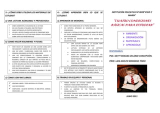 3.- ¿CÓMO DEBO UTILIZAR LOS MATERIALES DE ESTUDIO? <br />a) UNA LECTURA AGRADABLE Y PROVECHOSA:<br />DEBES AUMENTAR LA VELOCIDAD DE LA LECTURA.<br />NO LEAS PALABRA A PALABRA, SINO POR FRASES.<br />SABER DISTINGUIR LOS PUNTOS IMPORTANTES.<br />VOLVER A RELEER CUANDO ALGO NO SE COMPRENDE BIEN.<br />HACER PAUSAS EN LA LECTURA PARA PENSAR Y REFLEXIONAR SOBRE ASPECTOS PROBLEMÁTICOS.<br />b) COMO HACER RESUMENES Y FICHAS:<br />PARA HACER UN ESQUEMA DE UNA LECCIÓN DEBES LEER PREVIAMENTE Y SUBRAYAR LOS PUNTOS IMPORTANTES.<br />UNA VEZ LEÍDO Y SUBRAYADO, HARÁS POR ESCRITO TU ESQUEMA SIGUIENDO LOS PUNTOS SUBRAYADOS.<br />UNA VEZ CONFECCIONADO TU ESQUEMA ESCRITO Y SABIENDO QUE LO COMPRENDES, CONFECCIONARÁS EL RESUMEN, CONSISTE EN QUE AMPLÍES UN POCO MAS EL ESQUEMA DE FORMA QUE QUEDE LA LECCIÓN APRENDIDA.<br />SI ESTÁS SEGURO QUE ERES CAPAZ DE REPETIR ORALMENTE Y POR ESCRITO ESTE ESQUEMA Y RESUMEN, LA LECCIÓN YA ESTÁ MUY BIEN APRENDIDA.<br />PASA ESTE RESUMEN A UNA FICHA O CUADERNO Y TE SERÁ DE GRAN UTILIDAD EN LOS EXÁMENES.<br />c) COMO USAR MIS LIBROS:<br />ORDENAR LIBROS Y TODO MATERIAL DE ESTUDIO.<br />USAR DICCIONARIO.<br />HABITUARSE A BUSCAR MATERIAL EN BIBLIOTECA, AMIGOS, PROFESORES, ETC.<br />4.- ¿CÓMO APRENDER BIEN LO QUE SE ESTUDIA?.<br />a) APRENDER DE MEMORIA:<br />DEBES TENER CONFIANZA EN TU PROPIA MEMORIA.<br />NO INTENTES APRENDER DE MEMORIA LO QUE NO COMPRENDES.<br />EMPLEAR EL SISTEMA DE DESCANSAR UNOS MINUTOS ANTES DE SEGUIR MEMORIZANDO, CUANDO SE LLEVA UN BUEN RATO ESTUDIANDO.<br />UN MÉTODO DE MEMORIZACIÓN EFICAZ ABARCA LOS SIGUIENTES PASOS:<br />UNA LECTURA RÁPIDA DE LA LECCIÓN PARA DARTE UNA IDEA GENERAL DEL TEMA.<br />LECTURA DETENIDA DE LO ANTERIOR ESPECIALMENTE LOS PUNTOS IMPORTANTES.<br />SUBRAYADO DE LOS PUNTOS IMPORTANTES.<br />HACER UN ESQUEMA CON LA AYUDA DEL SUBRAYADO. COMPRENSIÓN Y REFLEXIÓN SOBRE DICHO ESQUEMA.<br />HACER UN RESUMEN, COMPLETANDO EL ESQUEMA ANTERIOR.<br />APRENDER DE MEMORIA ESE RESUMEN.<br />NO TE PREUCUPES SI AL PRINCIPIO TE RESULTA ALGO PESADO ESTE MÉTODO. PUES PRONTO COMPROBARÁS QUE TE DA BUEN RESULTADO, YA QUE APRENDERÁS MÁS Y MEJOR.<br />b) TRABAJO EN EQUIPO Y PERSONAL<br />FORMA GRUPOS DE ESTUDIO DONDE SE REUNAN A TRABAJAR. TODOS DEBEN PARTICIPAR.<br />PLANTEA TUS DUDAS O PROBLEMAS AL EQUIPO.<br />CUIDA LA LIMPIEZA DE TUS TRABAJOS, ORDEN, PRESENTACIÓN, ETC.<br />NO HAGAS TRABAJOS PARA SALIR DEL PASO, SINO PROCURA HACERLO BIEN, QUE SEAN SIEMPRE RESULTADO DE UN ESFUERZO PERSONAL.<br />INSTITUCIÓN EDUCATIVA Nº 0028    “JESÚS Y MARÍA”<br />“CUATRO CONDICIONES BÁSICAS PARA ESTUDIAR”<br />center120650AMBIENTEORGANIZACIÓNMATERIALESAPRENDIZAJE00AMBIENTEORGANIZACIÓNMATERIALESAPRENDIZAJE<br />RESPONSABLES:<br />PSIC. KATTY ROXANA VELARDE CONCEPCIÓN.<br />PROF. LAIN ADOLFO MEDRANO TINEO<br />JUNIO 2011<br />HÁBITOS DE ESTUDIO<br />SE HAN REALIZADO UNA SERIE DE INVESTIGACIONES SOBRE LAS CAUSAS DEL BAJO RENDIMIENTO ESCOLAR Y SE HA LLEGADO A LA CONCLUSIÓN QUE UN FACTOR IMPORTANTE ES LA CARENCIA DE HÁBITOS DE ESTUDIO. POR TAL MOTIVO SE HA PREPARADO ESTA GUÍA PARA CONTRIBUIR EN EL PROCESO EDUCATIVO DE LOS ALUMNOS Y EN SU PRINCIPAL ACTIVIDAD QUE ES EL ESTUDIAR<br />1.- ¿CÓMO DEBE SER EL AMBIENTE DONDE ESTUDIO?<br />a) EL LUGAR DONDE ESTUDIO:<br />DEBE PERMITIR CONCENTRARTE (LEJOS DE RUIDOS, DISTRACCIONES, LLAMADAS, ETC.) DEBE PERMITIR TRABAJR CON COMODIDAD (MESA Y SILLA ADECUADA, LIBROS Y ÚTILES A LA MANO, BUENA VENTILACIÓN, TEMPERATURA E ILUMINACIÓN)<br />b) EL AMBIENTE HUMANO:<br />EN LA CASA.- LOS PADRES DE FAMILIA DEBEN ESTIMULAR A ESTUDIAR MAS Y MEJOR A SUS HIJOS. LOS MIEMBROS DEBEN COMPROMETERSE A CREAR UN AMBIENTE EN ARMONÍA<br />EN EL COLEGIO.- EVITAR LA INFLUENCIA NEGATIVA DE COMPAÑEROS QUE MUESTRAN INDIFERENCIA HACIA EL ESTUDIO, ANTE CUALQUIER DUDA O INQUIETUD EN LOS ESTUDIOS, ACERCARSE AL PROFESOR CORRESPONDIENTE.<br />EN LO PERSONAL.- SE DEBE ESTUDIAR CON DECISIÓN, ESTAR CONVENCIDO QUE EL ESTUDIAR ES UNA ACTIVIDAD IMPORTANTE QUE TE DARÁ LA OPORTUNIDAD DE LOGRAR GRANDES COSAS COMO UNA CARRERA, AYUDAR A LOS DEMÁS Y LA FELICIDAD DE SER ALGUIEN.<br />c) MI RENDIMIENTO EN LOS ESTUDIOS:<br />TIENES QUE ASPIRAR A LO MÁXIMO, ESTO NO QUIERE DECIR QUE SEAS EL PRIMERO. LO IMPORTANTE ES QUE RINDAS CUANTO TE SEA POSIBLE. SI NO PUEDES MAS NO TE PREUCUPES, PUES EL QUE HACE TODO LO QUE PUEDE TIENE UN GRAN MÉRITO.<br />PROCURA ESTAR SIEMPRE AL DIA Y NO ESPERES QUE SE ACUMULEN LOS TRABAJOS. SI LLEVAS AL DIA TUS CURSOS VERÁS COMO MEJORA TU RENDIMIENTO ACADÉMICO.<br />EN LOS EXÁMENES SE DEBE “PENSAR” ANTES DE ESCRIBIR Y “REPASAR” ANTES DE ENTREGARLO.<br />A VECES RINDES MENOS DE LO QUE PUEDES POR QUE TE PONES NERVIOSO. SI CUMPLES TODO LO ANTERIOR VERÁS COMO DESAPARECE GRAN PARTE DE TU NERVIOSISMO Y TE SIENTES MUY SEGURO.<br />d) MI COMPORTAMIENTO ESCOLAR<br />ESTAR ATENTO DURANTE LAS EXPLICACIONES DE LOS PROFESORES,<br />PREGUNTAR CUANDO ALGO NO SE COMPRENDE.<br />TOMAR APUNTES EN CLASE.<br />COLABORAR ACTIVAMENTE EN LAS ACTIVIDADES DEL AULA.<br />2.- ¿CÓMO DEBO ORGANIZARME EN LOS ESTUDIOS?<br />a) MI HORARIO DE ESTUDIOS:<br />CONFECIONA UN HORARIO DE ESTUDIOS PERSONAL.<br />DEBES REALIZARLO TENIENDO EN CUENTA QUE VAS A CUMPLIRLO.<br />LUEGO DE DETERMINAR EL NÚMERO DE HORAS POR CURSO, DEBES CONSIDERAR EN QUE MOMENTO TE RESULTARÁ MAS PROVECHOSO.<br />COLOCARÁS TODOS LOS CURSOS DENTRO DE ESE HORARIO.<br />NO ES NECESARIO ESTUDIAR TODOS LOS CURSOS TODOS LOS DÍAS.<br />INCLUYE PERIODOS DE DESCANSO, ES MEJOR QUE TRAS UNA HORA DE ESTUDIO HAGAS UN DESCANSO DE 15 MINUTOS Y LUEGO SIGUE ESTUDIANDO.<br />LO MAS IMPORTANTE ES QUE LO CUMPLAS. DEBES ESTUDIAR EN SERIO DE LUNES A VIERNES Y DESCANSAR LOS FINES DE SEMANA, PERO NO OLVIDES. ESTUDIAR EN SERIO DE LUNES A VIERNES.<br />b) MIS INSTRUMENTOS DE ESTUDIO Y TRABAJO DEBEN DE ESTAR EN ORDEN.<br />DEBES ORGANIZARTE EN LOS ESTUDIOS, PREPARANDO TODO LO NECESARIO ANTES DE ESTUDIAR.<br />CADA MATERIAL DE TRABAJO (LIBROS, APUNTES, CUADERNOS, LÁPICES, ETC) DEBE ESTAR COLOCADO Y ORDENADO EN SU SITIO.<br />LO IMPORTANTE ES QUE ESTÉS SATISFECHO CON LA PROPIA ORGANIZACIÓN POR QUE ES BENEFICIOSA.<br />