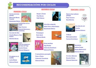PRIMEIRO CICLO
As tres princesas
pálidas
María José Martín
Francés
Kalandraka Editora
Os Bolechas van ao
CAAN
Pepe Carreiro
Bolanda Ediciones y
marketing
As noites de Xián
Concha Blanco e Dani
Padrón
Edicións Xerais
La sel-
va de los números e
Las hijas de Tuga
Ricardo Gómez
Editorial Alfaguara
Un gigante en el
bolsillo
Lucila Mataix
Editorial Bruño
RECOMENDACIÓNS POR CICLOS
SEGUNDO CICLO
Hansel e Gretel
Tina Meroto
OQO Editora
Unha feliz catástrofe
Adela Turín e Nella Bosnia
Kalandraka Editora
Potosnáguel
Enric Lluch
Editorial Bruño
Pitusa semifusa
Olga Brañas
Colección Sonárbore
Editorial Galaxia
O estrambótico principiño
Pinto e Chinto
Colección Carambola
Editorial Bululú
TERCEIRO CICLO
Historia das mulleres
galegas
Pepe Carreiro
Baía Edicións
Cos ollos do avó
Concha
Edicións Embora
A Mares
María Jesúa Jabato
Factoría K de libros
Escarlatina
Ledicia Costas
Premio Merlín 2014
Edicións Xerais
Un chico diferente
Ricardo Gómez
Editorial Edelvives
 