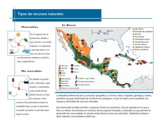 No se agotan con su
utilización, debido a
que vuelven a su estado
original o se regeneran
a una tasa mayor a la
tasa con que los recur-
sos disminuyen mediante su utiliza-
ción y desperdicios.
Tipos de recursos naturales
En México
•Renovables
•No renovables
No pueden ser produ-
cidos, cultivados, rege-
nerados o reutilizados
a una escala tal que
pueda sostener su tasa
de consumo. Estos
recursos frecuentemente existen en
cantidades fijas ya que la naturaleza
no puede recrearlos en periodos geo-
lógicos cortos.
La República Mexicana por su situación geográfica, su forma, clima, orografía, geología y suelos,
presenta una gran diversidad de condiciones ecológicas, lo que ha dado como resultado una
riqueza y diversidad de recursos naturales.
Esta diversidad se debe también a aspectos históricos-evolutivos. Así por ejemplo en lo que a
flora se refiere, encontramos el contacto de las especies boreales y tropicales, lo que permite el
desarrollo de comunidades en donde ambas floras luchan por sobresalir, habiéndose desarro-
llado además, comunidades endémicas.
 