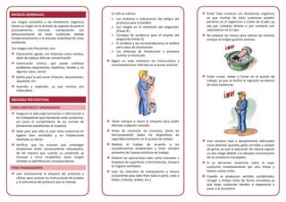 RIESGOS GENERALES
Los riesgos asociados a los disolventes orgánicos
tienen su origen en la emisión de vapores durante el
procesamiento, trasvase, manipulación y/o
almacenamiento de estas sustancias, debido
fundamentalmente a la elevada volatilidad de estas
sustancias.
Los riesgos más frecuentes, son:
Intoxicación aguda, con síntomas como mareos,
dolor de cabeza, falta de concentración.
Intoxicación crónica, que pueda conllevar
problemas respiratorios, hepáticos, renales y, en
algunos casos, cáncer.
Daños para la piel como irritación, descamación,
sequedad, etc.
Incendio y explosión, ya que muchos son
inflamables.
MEDIDAS PREVENTIVAS
PARA CAPATACES Y ENCARGADOS
Asegurar la adecuada formación e información a
los trabajadores que manipulan estas sustancias,
así como el cumplimiento de las normas de
preventivas establecidas al respecto.
Velar para que sólo se usen estas sustancias en
lugares bien ventilados y en instalaciones
diseñadas al efecto.
Verificar que los envases que contengan
disolventes estén correctamente etiquetados,
de tal manera que cuando su contenido se
trasvase a otros recipientes, éstos tengan
también la identificación correspondiente.
PARA TRABAJADORES
Leer atentamente la etiqueta del producto a
utilizar para conocer las instrucciones de empleo
y la naturaleza del producto que se maneja.
En ella se indican:
• Los símbolos e indicaciones del peligro del
producto para el hombre.
• Los riesgos en la utilización del plaguicida.
(frases R).
• Consejos de prudencia para el empleo del
plaguicida (frases S).
• El antídoto y las recomendaciones al médico
para casos de intoxicación.
• Los síntomas de intoxicación y primeros
auxilios al intoxicado.
Seguir en todo momento las instrucciones y
recomendaciones referidas en el punto anterior.
Tener siempre a mano la etiqueta para poder
efectuar cualquier consulta.
Antes de comenzar los procesos, poner en
funcionamiento todos los dispositivos de
seguridad existentes en el puesto de trabajo.
Realizar el trabajo de acuerdo a los
procedimientos establecidos y tener siempre
presentes las buenas prácticas de trabajo.
Realizar las operaciones tales como trasvases o
limpiezas de superficies y herramientas, siempre
en lugares ventilados
Usar los utensilios de manipulación y mezcla
únicamente para tales fines (vaso o jarra, cubo o
bidón, embudo, paleta, etc.).
Evitar todo contacto con disolventes orgánicos
ya que muchas de estas sustancias pueden
penetrar en el organismo a través de la piel, ya
sea por contacto directo o por contacto con
salpicaduras en la ropa.
No emplear las manos para realizar las mezclas
aunque se tengan guantes puestos.
Evitar comer, beber o fumar en el puesto de
trabajo, ya que se facilita la ingestión accidental
de estas sustancias.
Usar siempre ropa y equipamiento adecuados
como delantal, guantes, gafas cerradas y calzado
de goma, ya que la operación de mezcla supone
un alto riesgo debido a la elevada concentración
de los productos manejados.
Si se derraman sustancias sobre la ropa,
sustituirla inmediatamente por otra limpia y
lavarla cuanto antes.
Cuando se produzcan vertidos accidentales,
recoger y limpiar éstos de forma inmediata ya
que estas sustancias tienden a evaporarse y
pasar a la atmósfera.
 