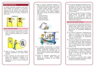 MEDIDAS PREVENTIVAS
Las medidas preventivas recogidas en este tríptico
están indicadas para garantizar una protección
correcta tanto del personal que pueda estar
trabajando en todas las áreas de un hospital donde
existan RX, como de los usuarios y visitantes de
dicho centro.
PARA EL PERSONAL INTERNO
Todo el personal que pueda trabajar en las áreas
de RX y quirófanos, deberá llevar de forma
visible el dosímetro facilitado por la dirección
del centro.
Todos los usuarios de dosímetros deberán
someterse anualmente a una revisión médica
específica.
Todo el personal que utilice equipos de RX
deberá estar debidamente cualificado en las
técnicas de aplicación y utilización del
equipamiento y en las normas de protección
radiológicas.
Todo el personal profesional expuesto no
deberá permanecer dentro de las salas de RX en
el momento de realizar el disparo, salvo cuando
se realicen pruebas dinámicas o cuando el
paciente precise ayuda (niños, pacientes de
edad avanzada,...), que deberá protegerse
utilizando los equipos de protección individual
adecuados:
• Guantes plomados.
• Protección gonodal.
• Protección tiroidea.
• Delantal emplomado.
En radiología intervencionista, el personal
profesionalmente expuesto deberá llevar todas
aquellas protecciones individuales que le
permitan realizar su labor de forma segura, así
como el dosímetro colocado detrás del delantal
emplomado.
Cuando se practiquen exploraciones con
escopia, el personal deberá protegerse
adecuadamente utilizando los EPIs citados
anteriormente.
En el caso de trabajadoras embarazas, la dosis
equivalente al feto habrá de ser tan baja como
sea posible, de forma que resulte improbable
que dicha dosis exceda de 1 mSv, al menos
desde la comunicación de su estado hasta el
final del embarazo.
Las mujeres en período de lactancia no deberán
realizar trabajos que supongan un riesgo
significativo de contaminación radiactiva,
teniendo que garantizarse por tanto una
vigilancia adecuada de la posible contaminación
radiactiva de su organismo.
PARA LOS USUARIOS DEL SERVICIO
En las salas de RX sólo deberá permanecer el
paciente, salvo en aquellos casos en los que el
paciente pueda requerir ayuda, como puedan
ser niños o pacientes de edad avanzada, que
podrá entrar un acompañante debidamente
protegido.
Las mujeres en edad fértil o embarazadas que
vayan a ser sometidas a una prueba de RX,
deberán ser informadas de una manera clara
sobre la contraindicación de exploraciones
radiológicas en estos casos.
Asimismo, se deberá colocar carteles indicativos
en los lugares visibles con objeto de advertir a
las mujeres que puedan estar embarazadas
sobre la conveniencia de informar al médico a
cerca de dicha condición, antes someterse a
pruebas con RX.
En las salas dedicadas a exploraciones complejas
convencionales (con escopia e imágenes varias
por exploración), se utilizará la escopia al
mínimo, se centrará el RX al paciente de forma
manual y la sala de RX deberá estar
permanentemente cerrada.
Se facilitarán al paciente todas aquellas
protecciones individuales posibles para impedir
al máximo irradiaciones innecesarias.
 