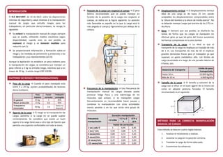 INTRODUCCIÓN
El R.D 487/1997, de 14 de Abril, sobre las disposiciones
mínimas de seguridad y salud relativas a la manipulación
manual de cargas que entrañe riesgos para los
trabajadores, en particular dorso-lumbares, se recoge lo
siguiente:
Se evitará la manipulación manual de cargas siempre
que se pueda, utilizando medios mecánicos según
disponibilidad; cuando esto no sea posible, se
evaluará el riesgo y se tomarán medidas para
reducirlo (art.3)
Se proporcionará información y formación sobre el
riesgo y las medidas de prevención y protección a los
trabajadores y sus representantes (art.4).
Aunque la legislación no establece un peso máximo para
la manipulación de cargas, se considera que manejar un
peso inferior a 3 kg no entraña riesgo, mientras que si es
mayor de 25 kg., sí existe riesgo (ISO 10228).
FACTORES DE RIESGO Y RECOMENDACIONES
Peso de la carga → Cuando el peso manejado está
entre 3 y 25 kg. existen probabilidades de lesiones
dorso-lumbares.
Peso
máximo
Factor
corrector
Población
protegida
En general 25 Kg. 1 85%
Mayor protección 15 Kg 0,6 95%
Trabajadores
entrenados
40 Kg. 1,6
Datos no
disponib.
Agarres de la carga → El riesgo en la manipulación de
cargas aumenta si la carga no se puede sujetar
correctamente. Se considera que existe un buen
agarre si la carga tiene asas u otro tipo de fijación que
permita una sujeción confortable con toda la mano.
Posición de la carga con respecto al cuerpo → El peso
teórico recomendado que se puede manejar en
función de la posición de la carga con respecto al
cuerpo, se indica en la figura siguiente. La posición
más favorable es aquella en la que la carga está lo
más pegada al cuerpo y ligeramente por debajo de la
cintura.
Frecuencia de la manipulación → Una frecuencia de
manipulación manual de cargas elevada puede
provocar fatiga física y una sobrecarga de los
músculos que actúan; si se manipulan cargas
frecuentemente es recomendable hacer pausas y
combinar la manipulación con otras actividades
menos pesadas o en las que actúe otro grupo de
músculos.
Frecuencia
manipulación
Duración manipulación
<1 h/día
>1 h y 2
h
>2 h y
≤8 h
Factor de corrección
1 vez cada 5’ 1 0,95 0,85
1 vez / min 0,94 0,88 0,75
4 veces/min 0,84 0,72 0,45
9 veces/min 0,52 0,30 0,00
12 veces/min 0,37 0,00 0,00
>15 veces/min 0,00 0,00 0,00
Desplazamiento vertical → El desplazamiento vertical
ideal de una carga es de hasta 25 cm; siendo
aceptables los desplazamientos comprendidos entre
la “altura del hombro y la altura de media pierna”. No
se deberán manejar cargas por encima de los 175 cm.
de altura.
Giros → Siempre que sea posible, se diseñarán las
tareas de forma que las cargas se manipulen sin
efectuar giros ya que los giros del tronco aumentan
las fuerzas compresivas en la zona lumbar.
Transporte de la carga → Lo ideal es que el
transporte de la carga no implique un traslado de más
de 1 m. Los transportes de más de 10 m implican
grandes demandas físicas para el trabajador ya que
suponen un gasto metabólico alto. Los límites de
carga acumulada a lo largo de una jornada laboral de
8 horas, son:
Distancia de transporte
Limite de peso
transportado
Hasta 10 m. 10.000 Kg/día
Más de 10 m. 6.000 Kg/día
Tamaño de la carga → El tamaño y volumen de la
carga van a influir en el buen agarre de la misma así
como en adoptar posturas forzadas. El tamaño
recomendado es el siguiente:
MÉTODO PARA LA CORRECTA MANIPULACIÓN
MANUAL DE CARGAS
Este método se basa en cuatro reglas básicas:
1. Analizar el movimiento a realizar.
2. Levantar la carga en la posición correcta.
3. Trasladar la carga de forma adecuada.
4. Economizar los esfuerzos.
 