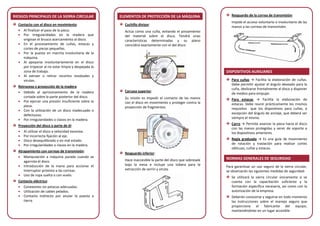 RIESGOS PRINCIPALES DE LA SIERRA CIRCULAR
Contacto con el disco en movimiento:
• Al finalizar el paso de la pieza.
• Por irregularidades en la madera que
originan el brusco acercamiento al disco.
• En el procesamiento de cuñas, estacas y
cortes de piezas pequeñas.
• Por la puesta en marcha involuntaria de la
máquina.
• Al apoyarse involuntariamente en el disco
por tropezar al no estar limpia y despejada la
zona de trabajo.
• Al extraer o retirar recortes residuales y
virutas.
Retroceso y proyección de la madera:
• Debido al aprisionamiento de la madera
cortada sobre la parte posterior del disco.
• Por ejercer una presión insuficiente sobre la
pieza.
• Con la utilización de un disco inadecuado o
defectuoso.
• Por irregularidades o clavos en la madera.
Proyección del disco o parte de él:
• Al utilizar el disco a velocidad excesiva.
• Por incorrecta fijación al eje.
• Disco desequilibrado o en mal estado.
• Por irregularidades o clavos en la madera.
Atrapamiento con correas de transmisión:
• Manipulación a máquina parada cuando se
agarrota el disco.
• Introducción de la mano para accionar el
interruptor próximo a las correas.
• Uso de ropa suelta o con vuelo.
Contacto eléctrico:
• Conexiones sin petacas adecuadas.
• Utilización de cables pelados.
• Contacto indirecto por anular la puesta a
tierra.
ELEMENTOS DE PROTECCIÓN DE LA MÁQUINA
Cuchillo divisor:
Actúa como una cuña, evitando el pinzamiento
del material sobre el disco. Tendrá unas
características determinadas y su plano
coincidirá exactamente con el del disco.
Carcasa superior:
Su misión es impedir el contacto de las manos
con el disco en movimiento y proteger contra la
proyección de fragmentos.
Resguardo inferior:
Hace inaccesible la parte del disco que sobresale
bajo la mesa e incluye una tobera para la
extracción de serrín y viruta.
Resguardo de la correa de transmisión:
Impide el acceso voluntario o involuntario de las
manos a las correas de transmisión.
DISPOSITIVOS AUXILIARES
Para cuñas → Facilita la elaboración de cuñas.
Debe permitir ajustar el ángulo deseado para la
cuña, deslizarse frontalmente al disco y disponer
de medios para empujar.
Para estacas → Facilita la elaboración de
estacas. Debe reunir prácticamente los mismos
requisitos que los dispositivos para cuñas, a
excepción del ángulo de anclaje, que deberá ser
siempre el mismo.
Carro → Permite avanzar la pieza hacia el disco
con las manos protegidas y servir de soporte a
los dispositivos anteriores.
Regla graduada → Es una guía de movimiento
de rotación y traslación para realizar cortes
oblicuos, cuñas y estacas.
NORMAS GENERALES DE SEGURIDAD
Para garantizar un uso seguro de la sierra circular,
se observarán las siguientes medidas de seguridad:
Se utilizará la sierra circular únicamente si se
cuenta con la capacitación suficiente y la
formación específica necesaria, así como con la
autorización de la empresa.
Deberán conocerse y seguirse en todo momento
las instrucciones sobre el manejo seguro que
proporcione el fabricante del equipo,
manteniéndolas en un lugar accesible.
 