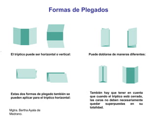 Mgtra. Bertha Ayala de
Medrano.
Formas de Plegados
El tríptico puede ser horizontal o vertical: Puede doblarse de maneras diferentes:
Estas dos formas de plegado también se
pueden aplicar para el tríptico horizontal:
También hay que tener en cuenta
que cuando el tríptico está cerrado,
las caras no deben necesariamente
quedar superpuestas en su
totalidad.
 
