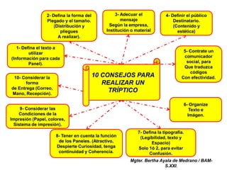 Mgter. Bertha Ayala de Medrano / BAM-
S.XXI.
10 CONSEJOS PARA
REALIZAR UN
TRÍPTICO
1- Defina el texto a
utilizar
(Información para cada
Panel).
8- Tener en cuenta la función
de los Paneles. (Atractivo,
Despierte Curiosidad, tenga
continuidad y Coherencia.
9- Considerar las
Condiciones de la
Impresión (Papel, colores,
Sistema de impresión).
7- Defina la tipografía.
(Legibilidad, texto y
Espacio)
Solo 1ó 2, para evitar
Confusión.
10- Considerar la
forma
de Entrega (Correo,
Mano, Recepción).
6- Organize
Texto e
Imágen.
5- Contrate un
comunicador
social, para
Que traduzca
códigos
Con efectividad.
4- Definir el público
Destinatario.
(Contenido y
estética)
2- Defina la forma del
Plegado y el tamaño.
(Distribución y
pliegues
A realizar).
3- Adecuar el
mensaje
Según la empresa,
Institución o material
 