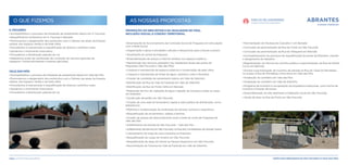 · Pavimentação da Travessa do Cascalho C em Barrada
· Conclusão da pavimentação da Rua da Fonte em São Facundo
· Conclusão da pavimentação da Rua da Vidigueira em Barrada
· Acompanhamento do processo de requalificação da ponte da Esteveira, visando
o alargamento do tabuleiro
· Regularização, em termos de caminho público e pavimentação, da Rua do Monte
Corvo em Barrada
· Arranjo e pavimentação de 3 pontos de estrada na Rua do Casal do Ramalhais,
no acesso à Rua do Ramalhais e Rua Nova em Vale das Mós
· Ampliação do cemitério em Vale das Mós
· Ampliação do cemitério em Vale de Zebrinho
· Programa de incentivo à recuperação da arquitetura tradicional, como forma de
incentivo à fixação de jovens
· Disponibilização do lote destinado a habitação social em São Facundo
· Venda de lotes na Rua da Fonte em São Facundo
O QUE FIZEMOS
S. FACUNDO
· Acompanhámos o processo de instalação de saneamento básico em S. Facundo
· Requalificámos fontanários em S. Facundo e Barrada
· Promovemos o alargamento dos protocolos com a Câmara nas áreas da limpeza
urbana, dos espaços verdes e da rede viária
· Procedemos à manutenção e requalificação de diversos caminhos rurais
· Apoiámos o movimento associativo
· Procedemos à distribuição gratuita de cal
· Realizámos ações de certificação de condução de veículos agrícolas de
categoria I (motocultivadores e tratores agrícolas)
VALE DAS MÓS
· Acompanhámos o processo de instalação de saneamento básico em Vale das Mós
· Promovemos o alargamento dos protocolos com a Câmara nas áreas da limpeza
urbana, dos espaços verdes e da rede viária
· Procedemos à manutenção e requalificação de diversos caminhos rurais
· Apoiámos o movimento Associativo
· Procedemos à distribuição gratuita de cal
AS NOSSAS PROPOSTAS
· Dinamização do funcionamento da Comissão Social de Freguesia em articulação
com a Rede Social
· Organização e apoio a atividades culturais e desportivas para crianças e jovens
· Atualização do portal da freguesia
· Disponibilização de acesso a internet wireless nos espaços públicos
· Manutenção dos serviços prestados nas instalações atuais das juntas de
freguesias (São Facundo e Vale das Mós)
· Limpeza e manutenção de espaços públicos e conservação da rede viária
· Limpeza e manutenção de linhas de água, caminhos rurais e florestais
· Criação de condições de saneamento básico em Vale de Zebrinho
· Eletrificação da Rua do Vale da Fazenda em Vale de Zebrinho
· Eletrificação da Rua da Fonte Velha em Barrada
· Realização de furo de captação de água e ligação da conduta a todas as casas
em Esteveira
· Construção de jardim em São Facundo
· Criação de uma rede de fontanários, ligada à rede pública de distribuição, como
bebedouros
· Melhoria e modernização da sinalização de trânsito, turística e toponímica
· Requalificação de arruamentos, valetas e bermas
· Criação de parque de estacionamento junto à sede da Junta de Freguesia de
Vale das Mós
· Asfaltamento da estrada de São Facundo – Vale das Mós
· Asfaltamento de bermas em São Facundo, na Rua dos Combatentes da Grande Guerra
· Calcetamento do largo da casa mortuária na Esteveira
· Requalificação do Largo do Arneiro em São Facundo
· Requalificação do largo em frente ao Parque Desportivo em São Facundo
· Pavimentação da Travessa do Vale da Fazenda em Vale de Zebrinho
PROMOÇÃO DO BEM-ESTAR E DA QUALIDADE DE VIDA,
INCLUSÃO SOCIAL E COESÃO TERRITORIAL
Aqui, somos mais próximos. UNIÃO DAS FREGUESIAS DE SÃO FACUNDO E VALE DAS MÓS
 