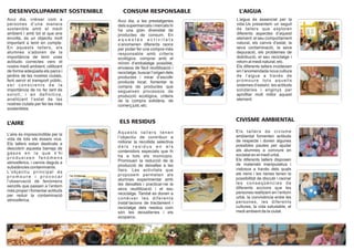 DESENVOLUPAMENT SOSTENIBLE                  CONSUM RESPONSABLE                L’AIGUA
Avui dia, créixer com a                    Avui dia, a les prestatgeries      L’aigua és essencial per la
persones d’una manera                      dels supermercats i mercats hi     vida.Us presentem un seguit
sostenible amb el medi                     ha una gran diversitat de          de tallers que exploren
ambient i amb tot el que ens               productes de consum. En            diferents aspectes d’aquest
envolta, és un objectiu molt               aquestes activitats                element: el seu comportament
important a tenir en compte.               s’anomenen diferents raons         natural, els canvis d’estat, la
En aquests tallers, els                    per poder fer una compra més       seva contaminació, la seva
alumnes s’adonen de la                     responsable amb criteris           depuració, els problemes de
importància de tenir unes                  ecològics: comprar amb el          distribució, el seu reciclatge i
actituds correctes vers el                 mínim d’embalatge possible,        retorn al medi natural, etc.
nostre medi ambient, utilitzant            envasos de fàcil reutilització i   Els diferents tallers incideixen
de forma adeqüada els parcs i              reciclatge, buscar l’origen dels   en l’anomendada nova cultura
jardins de les nostres ciutats,            productes i mirar d’escollir       de l’aigua a través de
fent servir el transport públic,           producte local, fomentar la        promoure tots aquells
ser conscients de la                       compra de productes que            sistemes d’estalvi, les actituds
importància de no fer tant de              segueixen processos de             solidàries i enginys per
soroll, i en definitiva,                   producció ecològica, criteris      aprofitar molt millor aquest
analitzant l’estat de les                  de la compra solidària, de         element.
nostres ciutats per fer-les més            comerç just, etc.
sostenibles.


                                            ELS RESIDUS                       CIVISME AMBIENTAL
L’AIRE
                                           Aquests tallers tenen              Els tallers de civisme
L’aire és imprescindible per la                                               ambiental fomenten actituds
vida de tots els éssers vius.              l’objectiu de contribuir a
                                           millorar la recollida selectiva    de respecte i donen algunes
Els tallers estan destinats a                                                 possibles pautes per ajudar
descobrir aquesta barreja de               dels residus en els
                                           contenidors especials que hi       als alumnes a conviure en
gasos en la que s’hi                                                          societat en el medi urbà.
produeixen fenòmens                        ha a tots els municipis.
                                           Promouen la reducció de la         Els diferents tallers disposen
atmosfèrics, i canvis deguts a                                                de materials manipulatius i
substàncies contaminants.                  producció de deixalles a les
                                           llars. Les activitats que          vistosos a través dels quals
L’ o b j e c t i u p r i n c i p a l é s                                      els nens i les nenes tenen la
promoure i provocar                        proposem permeten als
                                           alumnes experimentar amb           possibilitat de discutir i raonar
l’observació de fenòmens                                                      les conseqüències de
senzills que passen a l’entorn             les deixalles i practicar-ne la
                                           seva reutilització i el seu        diferents accions que les
més proper i fomentar actituds                                                persones realitzem en l’entorn
per reduir la contaminació                 reciclatge. També es donen a
                                           conèixer les diferents             urbà, la convivència entre les
atmosfèrica.                                                                  persones, les diferents
                                           instal·lacions de tractament i
                                           reciclatge dels residus com        cultures, la vida saludable, el
                                           són les deixalleries i els         medi ambient de la ciutat.
                                           ecoparcs.
 