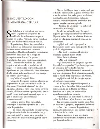 No era fácil llegar hasta el sitio en el que
                                                   se hallaba Triptofanito. Aquella superficie no
                                                   se estaba quieta. Por todas partes se alzaban
EL ENCUENTRO            CON                        montículos que de inmediato volvían a
                                                   sumirse, formando cráteres profundos. En
LA MEMBRANA CELULAR
                                                   algo se parecía a un mar agitado.
                                                        -Sujétate de las ramas -le indicó el
                                                   aminoácido a su amiga.
                                                        En efecto, a todo lo largo de aquel

S     selva. Gigantescos conjuntos de
      e hallaban a la entrada de una espesa
      moléculas formaban troncos que se
perdían en lo alto. Por todas partes colgaban
                                                   inquieto piso surgían numerosas estructuras.
                                                   Algunas tenían forma de arbustos. Lisina se
                                                   apoyó en ellas para alcanzar el brazo de su
hanas que hacían difícil avanzar por allí.         compañero.
     Triptofanito y Lisina lograron abrirse             -¿ Qué será esto? -preguntó       a
paso y, llenos de entusiasmo, comenzaron a         Triptofanito, quien ya se había puesto de pie
corretear entre las enormes columnas               y saltaba alegremente.
moleculares. Rodaban abrazados y esquivaban             -N o lo sé -contestó     él mientras
 numerosos obstáculos en el juego de               intentaba alcanzar mayor altura.
perseguirse uno al otro. De pronto,                     Lisina frunció el ceño.
Triptofanito fue a dar contra una maraña de              -¿No será peligroso?
lianas. Desesperado por huir de Lisina                   -¿ Cómo puede ser peligroso algo tan
-quien,     de alcanzado, triunfaría en el          divertido? -respondió    Triptofanito, que tras
juego-     el aminoácido logró deshacerse de       un sentón se elevó dando piruetas.
 aquella red en que había caído. Pero al escapar         Apenas había dicho esto el aminoácido,
 de ahí a toda velocidad tropezó y su cuerpo        una voz estrueridosa llenó el espacio como lo
 sin control salió volando.                         hace el ruido de la erupción de un volcán.
      -¡Cuidado! -gritó Lisina.                          -¿Quién    está ahí? Será mejor que se
      Un gesto de espanto contrajo el rostro de    identifique cuanto antes.
 Triptofanito. A corta distancia se alzaba un            Al oír aquello, Triptofanito perdió el
 alto muro. El aminoácido cerró los ojos            control y fue a dar sobre Lisina, sumiéndose
 esperando el golpe. Pero, ¡cuál fue su sorpresa   junto con ella en la blanda superficie.
 cuando, al chocar contra aquella pared, ésta se    Tendidos en el piso, los aminoácidos
 sumió como una blanda cama de agua en la           aguardaron mudos de espanto.
 que el aminoácido quedó tendido                         -Responda     de inmediato o activaré la
 placenteramente!                                   orden de defensa. ¿Qué le trae a este sitio?
      Lisina se acercó. Con curiosidad,                  Era necesario contestar cuanto antes. Con
 contempló la mullida superficie en la que         un nudo en la garganta, Triptofanito balbuceó:
 yacía Triptofanito.                                    -So. , . so... somos Triptofanito y
      -Es como estar acostado en una burbuja       Lisina, dos aminoácidos que desean viajar por
 -dij o el aminoácido, levantando la cara, y       el interior de la célula.
 enseguida estiró la mano hacia su amiga-o               Para su asombro, la voz agresiva se
 Ven. Nunca he estado en un lugar tan suave        transformó en un susurro maternal y amable
 como éste.                                        que llenó el ambiente:
                                                                                                   17
 