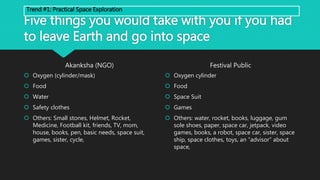 Five things you would take with you if you had
to leave Earth and go into space
Akanksha (NGO)
 Oxygen (cylinder/mask)
 Food
 Water
 Safety clothes
 Others: Small stones, Helmet, Rocket,
Medicine, Football kit, friends, TV, mom,
house, books, pen, basic needs, space suit,
games, sister, cycle,
Festival Public
 Oxygen cylinder
 Food
 Space Suit
 Games
 Others: water, rocket, books, luggage, gum
sole shoes, paper, space car, jetpack, video
games, books, a robot, space car, sister, space
ship, space clothes, toys, an “advisor” about
space,
Trend #1: Practical Space Exploration
 