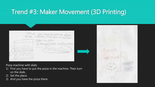 Trend #3: Maker Movement (3D Printing)
Pizza machine with dials:
1) First you have to put the pizza in the machine. Then turn
on the dials.
2) Set the place.
3) And you have the pizza there.
 