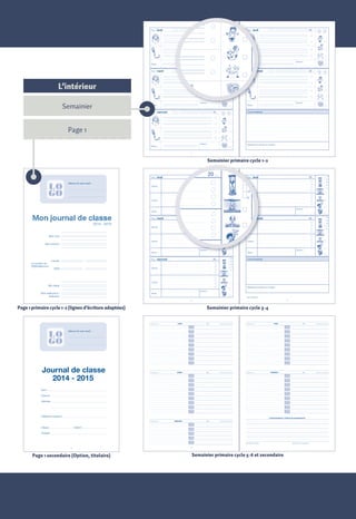 Un journal de classe personnalisé selon vos besoins propres ?

Pour

lundi

20 . .

A vous de composer !

Pour

lundi

20 . .

Pour

jeudi

20 . .

Signature

Signature

Divers
Pour

mon année scolaire 2014 - 2015

Divers

mardi

20 . .

Pour

vendredi

20 . .

Septembre

Les couvertures standard

L’intérieur
Divers

Primaire : Cycles 1-2, 3-4 et 5-6 + Secondaire

Pour mardi
Semainier

20 . .

2014
2015

Prénom
Classe

2014
2015

Prénom
Classe

Pour

lundi

2020. .

Signature

..

Leçons

45’

15’

Pour

45’

jeudi

0’

20 . .

Leçons

Pour

20 . .

HEURE

MOTIF

SIGNATURE
écO
écOlE

SIGNATURE
pARENT(S)
ARENT(

Leçons

60’

Pour

45’

vendredi

20 . .

60’
45’

Devoirs

30’

15’

15’

0’

Devoirs

Pour

76

77

Divers

Divers

Devoirs

20 . .

20 . .

Signature

60’
45’
30’

0’

Leçons

10

Souper fondue
13

12

Fancy-fair
15

13
14

17
18
19
20

11

11

12

12

14

13
14
15

5

2

2

7

3

3

4

4

5

5

6

6

7

7

7

8

8

9

9

Janvier

8
6

8
9

1
6
2

1

Toussaint

Nouvel An
Fin des vacances d’hiver

3

7
4

5
6
7

5

8

9

9

10
10
11

10

12

13

11
13

11

1215

14

14

12

16

16

1010
11

8

9

10
Armistice

12

1113Armistice
14

11
12

12
15

15

16

16

17

17
18

18

18

18

19

19

19

20

20

1419

19
14

14

15

21

21

21

22

22

15
22

15

16

23

23

23

24

24

16

25

25

26

26

27

Fête de la Communauté
française

27

28

28

29

29

30

30
31

1317

16

17
13

17

20

20

1522

21

1624

23

23

25

25

21

22

Début des vacances d’automne

26

27

27

1828

28

29

19

29

30

30
31

Fin des vacances d’automne

20

20

Début des vacances d’hiver

16
24

24

1726

6

13

Noël

25

17
26

17

27

28
18

18

30

19
31

19

20

20

29

Ajoutez les dates importantes pour 21
votre école :
21
21
fancy-fair, classes vertes,...

21

22

23

23

24

24

24

24

25

25

25

25

26

26

26

28

28

28

28

29

29

29

29

82

Liste des pages :
• Communications
• Arrivées tardives
• Autorisations exceptionnelles
• Exemption du cours d’éducation physique
• Notes de comportement
• Notes

11

29
29

Semainier primaire cycle 3-4
LUNDI

20

78

Activités et/ou ressources

à réaliser pour ce

JEUDI

20

2

3

3

4

4

5

5

6

6

7

20 . .

8

7

60’

8

45’

9

Journal de classe
2014 Devoirs
- 2015

Activités et/ou ressources

1

2

mercredi

9

à réaliser pour ce

MARDI

20

Activités et/ou ressources

1

à réaliser pour ce

15’

VENDREDI

20

2

5

6

6

7

7

8

Leçons

4

5

Adresse

3

4

Prénom

Activités et/ou ressources

1

0’

2

3

8

9

9

Téléphone parents

PERSONNALISEZ VOTRE JOURNAL
DE CLASSE EN AJOUTANT VOS
PROPRES PAGES :

Communication(s) / Note(s) de comportement
à réaliser pour ce

MERCREDI

20

Activités et/ou ressources

1

Signature

Option

2

Divers

3

4

5

Page 1 secondaire (Option, titulaire)

26
27
28
29
30

83

Début des vacances d’hiver

28

Signature parent(s)
46
46

Semainier primaire cycle 5-6 et secondaire

Signature du professeur
47
47

29

Le projet éducatif ;
Le règlement d’ordre intérieur ;
Le règlement des études ;
L’équipe enseignante ;
...

22
23
24

Noël

Structure du journal de classe
27 Début des vacances d’automne 27
27
standard

Fête de la Communauté
française

Caractéristiques techniques
30
30
Format 30
A4
31 Fin des vacances d’automne
31
Couverture carte 1 face
84 pages intérieures
6
Papier 80 g/m²
Impression intérieure : 1 couleur bleue
Reliure cousue fil de lin

30’

Nom

59

77

45’

0’

Signature

Divers

C’est ici aussi !

11

10

Décembre

1

22

Signature

Une version classique prête à l’emploi ?

10
Soirée spectacle

Novembre

6

23

1

58

9

10

5

22

28
28

Adresse de votre école :

Nous sommes là pour vous aider à concevoir la version personnalisée de votre journal de classe.
Un professionnel est à votre service au 0800 21 255 du lundi au vendredi de 8h30 à 17h

9

9

Octobre

23

76
76

Signature de maman ou de papa

à réaliser pour ce

Titulaire

8

22

Communication(s)

60’

15’

Mon planning

Classe

4

15’

mercredi

Devoirs

Divers

Pour

4

30’

mardi

5

Adresse de votre école :

7

8

21

Signature

Leçons

2014
2015

6

7

0’

Leçons

Signature

Page 1 primaire cycle 1-2 (lignes d’écriture adaptées)

Le logo et les coordonnées de votre école

6

20

DATE

Signature

Mon institutrice /
instituteur

2 couleurs au choix (en harmonie avec votre logo)

5

18

0’

Signature

mardi

3

18

15’

30’

Pour

maman

Photo des classes, de la cour de récréation, etc

4

5

14

arrivées tardives

30’

0’

Divers

Photo de votre école

4

8

13

siGnATUrE
ATUr
pArEnT(s)

Divers

Leçons

Divers

4

3

17

siG ATUr
siGnATUrE
écolE
écolE

45’

30’
Devoirs
15’

2014 - 2015

Mon prénom

Ma classe

2

3

16

20 . .

informATion(s)
informATion(s)

Mon nom

Primaire : Cycles 1-2, 3-4 et 5-6 + Secondaire

2

7

11

60’

30’

Devoirs

Mon journal de classe

papa

1

Septembre

12

DATE

Signature

Le numéro de
GSM/téléphone

1

10

notes de Comportement

60’
60’

Divers

Couverture personnalisée

6

19

lundi

Devoirs
Pour mercredi

Classe

5

9

11
11

Semainier primaire cycle 1-2

Fin des vacances d

2

3

4

15

10
10

2014
2015

Nom

SIGNATURE
ARENT(
pARENT(S)

Nouvel An

2

mon année scolaire 2014 - 2015

8
SIGNATURE
écolE
écolE

1

3

7

REMARQUE

Janvier

2

6

SIGNATURE
pARENT(S)
ARENT(

Signature de maman ou de papa
DATE

Adresse de
Divers votre école :

Nom

4

Décembre

1 Toussaint
1
Calendrier annuel

5
SIGNATURE
écolE
écolE

REMARQUE

CommuniCations

5+6

Novembre

3

4

DATE

Divers

2

3

Communication(s)

Signature

Pour

Prénom

20 . .

mercredi

1

2

Signature

Divers

Page 1
4

Nom

Signature

Divers

CommuniCations

3+

2014
2015

1

Version jaune ou blanche au choix

Pour

1+2

Pages standard à votre disposition

Signature

Octobre

Composition des pages intérieures
1 page de garde
2 pages calendrier annuel 2014-2015
1 page horaire provisoire/définitif
(secondaire), 1 page horaire (primaire)
1 page «Notes» ou 1 page « Explication des
icônes » (primaire, cycles 1-2 et 3-4)
2 pages par semaine, de septembre à juin,
avec espace «communications/notes de
comportement» chaque semaine
2 pages «Communications»
1 page «Notes»

25
26
27

30
31

 