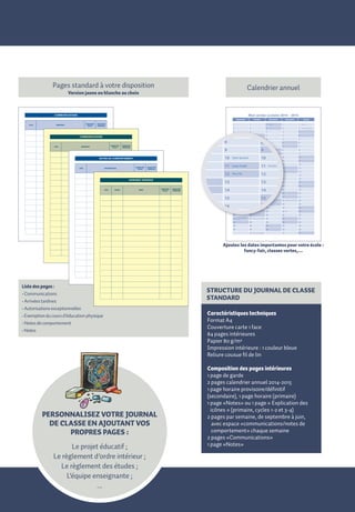 Un journal de classe personnalisé selon vos besoins propres ?

Pour

lundi

20 . .

A vous de composer !

Pour

lundi

20 . .

Pour

jeudi

20 . .

Signature

Signature

Divers
Pour

mon année scolaire 2014 - 2015

Divers

mardi

20 . .

Pour

vendredi

20 . .

Septembre

Les couvertures standard

L’intérieur
Divers

Primaire : Cycles 1-2, 3-4 et 5-6 + Secondaire

Pour mardi
Semainier

20 . .

2014
2015

Prénom
Classe

2014
2015

Prénom
Classe

Pour

lundi

2020. .

Signature

..

Leçons

45’

15’

Pour

45’

jeudi

0’

20 . .

Leçons

Pour

20 . .

HEURE

MOTIF

SIGNATURE
écO
écOlE

SIGNATURE
pARENT(S)
ARENT(

Leçons

60’

Pour

45’

vendredi

20 . .

60’
45’

Devoirs

30’

15’

15’

0’

Devoirs

Pour

76

77

Divers

Divers

Devoirs

20 . .

20 . .

Signature

60’
45’
30’

0’

Leçons

10

Souper fondue
13

12

Fancy-fair
15

13
14

17
18
19
20

11

11

12

12

14

13
14
15

5

2

2

7

3

3

4

4

5

5

6

6

7

7

7

8

8

9

9

Janvier

8
6

8
9

1
6
2

1

Toussaint

Nouvel An
Fin des vacances d’hiver

3

7
4

5
6
7

5

8

9

9

10
10
11

10

12

13

11
13

11

1215

14

14

12

16

16

1010
11

8

9

10
Armistice

12

1113Armistice
14

11
12

12
15

15

16

16

17

17
18

18

18

18

19

19

19

20

20

1419

19
14

14

15

21

21

21

22

22

15
22

15

16

23

23

23

24

24

16

25

25

26

26

27

Fête de la Communauté
française

27

28

28

29

29

30

30
31

1317

16

17
13

17

20

20

1522

21

1624

23

23

25

25

21

22

Début des vacances d’automne

26

27

27

1828

28

29

19

29

30

30
31

Fin des vacances d’automne

20

20

Début des vacances d’hiver

16
24

24

1726

6

13

Noël

25

17
26

17

27

28
18

18

30

19
31

19

20

20

29

Ajoutez les dates importantes pour 21
votre école :
21
21
fancy-fair, classes vertes,...

21

22

23

23

24

24

24

24

25

25

25

25

26

26

26

28

28

28

28

29

29

29

29

82

Liste des pages :
• Communications
• Arrivées tardives
• Autorisations exceptionnelles
• Exemption du cours d’éducation physique
• Notes de comportement
• Notes

11

29
29

Semainier primaire cycle 3-4
LUNDI

20

78

Activités et/ou ressources

à réaliser pour ce

JEUDI

20

2

3

3

4

4

5

5

6

6

7

20 . .

8

7

60’

8

45’

9

Journal de classe
2014 Devoirs
- 2015

Activités et/ou ressources

1

2

mercredi

9

à réaliser pour ce

MARDI

20

Activités et/ou ressources

1

à réaliser pour ce

15’

VENDREDI

20

2

5

6

6

7

7

8

Leçons

4

5

Adresse

3

4

Prénom

Activités et/ou ressources

1

0’

2

3

8

9

9

Téléphone parents

PERSONNALISEZ VOTRE JOURNAL
DE CLASSE EN AJOUTANT VOS
PROPRES PAGES :

Communication(s) / Note(s) de comportement
à réaliser pour ce

MERCREDI

20

Activités et/ou ressources

1

Signature

Option

2

Divers

3

4

5

Page 1 secondaire (Option, titulaire)

26
27
28
29
30

83

Début des vacances d’hiver

28

Signature parent(s)
46
46

Semainier primaire cycle 5-6 et secondaire

Signature du professeur
47
47

29

Le projet éducatif ;
Le règlement d’ordre intérieur ;
Le règlement des études ;
L’équipe enseignante ;
...

22
23
24

Noël

Structure du journal de classe
27 Début des vacances d’automne 27
27
standard

Fête de la Communauté
française

Caractéristiques techniques
30
30
Format 30
A4
31 Fin des vacances d’automne
31
Couverture carte 1 face
84 pages intérieures
6
Papier 80 g/m²
Impression intérieure : 1 couleur bleue
Reliure cousue fil de lin

30’

Nom

59

77

45’

0’

Signature

Divers

C’est ici aussi !

11

10

Décembre

1

22

Signature

Une version classique prête à l’emploi ?

10
Soirée spectacle

Novembre

6

23

1

58

9

10

5

22

28
28

Adresse de votre école :

Nous sommes là pour vous aider à concevoir la version personnalisée de votre journal de classe.
Un professionnel est à votre service au 0800 21 255 du lundi au vendredi de 8h30 à 17h

9

9

Octobre

23

76
76

Signature de maman ou de papa

à réaliser pour ce

Titulaire

8

22

Communication(s)

60’

15’

Mon planning

Classe

4

15’

mercredi

Devoirs

Divers

Pour

4

30’

mardi

5

Adresse de votre école :

7

8

21

Signature

Leçons

2014
2015

6

7

0’

Leçons

Signature

Page 1 primaire cycle 1-2 (lignes d’écriture adaptées)

Le logo et les coordonnées de votre école

6

20

DATE

Signature

Mon institutrice /
instituteur

2 couleurs au choix (en harmonie avec votre logo)

5

18

0’

Signature

mardi

3

18

15’

30’

Pour

maman

Photo des classes, de la cour de récréation, etc

4

5

14

arrivées tardives

30’

0’

Divers

Photo de votre école

4

8

13

siGnATUrE
ATUr
pArEnT(s)

Divers

Leçons

Divers

4

3

17

siG ATUr
siGnATUrE
écolE
écolE

45’

30’
Devoirs
15’

2014 - 2015

Mon prénom

Ma classe

2

3

16

20 . .

informATion(s)
informATion(s)

Mon nom

Primaire : Cycles 1-2, 3-4 et 5-6 + Secondaire

2

7

11

60’

30’

Devoirs

Mon journal de classe

papa

1

Septembre

12

DATE

Signature

Le numéro de
GSM/téléphone

1

10

notes de Comportement

60’
60’

Divers

Couverture personnalisée

6

19

lundi

Devoirs
Pour mercredi

Classe

5

9

11
11

Semainier primaire cycle 1-2

Fin des vacances d

2

3

4

15

10
10

2014
2015

Nom

SIGNATURE
ARENT(
pARENT(S)

Nouvel An

2

mon année scolaire 2014 - 2015

8
SIGNATURE
écolE
écolE

1

3

7

REMARQUE

Janvier

2

6

SIGNATURE
pARENT(S)
ARENT(

Signature de maman ou de papa
DATE

Adresse de
Divers votre école :

Nom

4

Décembre

1 Toussaint
1
Calendrier annuel

5
SIGNATURE
écolE
écolE

REMARQUE

CommuniCations

5+6

Novembre

3

4

DATE

Divers

2

3

Communication(s)

Signature

Pour

Prénom

20 . .

mercredi

1

2

Signature

Divers

Page 1
4

Nom

Signature

Divers

CommuniCations

3+

2014
2015

1

Version jaune ou blanche au choix

Pour

1+2

Pages standard à votre disposition

Signature

Octobre

Composition des pages intérieures
1 page de garde
2 pages calendrier annuel 2014-2015
1 page horaire provisoire/définitif
(secondaire), 1 page horaire (primaire)
1 page «Notes» ou 1 page « Explication des
icônes » (primaire, cycles 1-2 et 3-4)
2 pages par semaine, de septembre à juin,
avec espace «communications/notes de
comportement» chaque semaine
2 pages «Communications»
1 page «Notes»

25
26
27

30
31

 