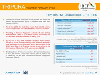 2121OCTOBER 2016
Telecom Infrastructure (as of May 2016)
Wireless subscribers
(1)
11,105,770
Wire-line subscribers
(1)
123,420
Internet subscribers
(1)
3,900,000
2
Rural internet subscribers
(1)
2,040,000
2
Urban internet subscribers
(1)
1,860,000
2
Source: TRAI, press release, May 2015,
1Combined figures for the Northeast states comprising Arunachal Pradesh,
Manipur, Meghalaya, Mizoram, Nagaland and Tripura,
2As of June 2015
Tripura was the sixth state in the country and the first state in the
Eastern and Northeastern region to complete State Wide Area
Network (SWAN).
As of May 2016, the North East region had 123,270 wireline
subscribers for BSNL and 1,566,834 BSNL wireless subscribers.
According to Telecom Regulatory Authority of India (TRAI),
Northeast had a total of 11.1 million wireless subscribers and
123 thousand wireline subscribers as of May 2016.
By the end of May 2016, 428,952 subscribers had submitted
request for mobile number portability in the Northeast. Moreover,
total tele-density in the Northeast region was recorded to be
80.3% as of May 2016. The total number of post offices in the
Northeast, as of December 2015, was recorded at 2,920.
The Department of Telecommunications (DoT) initiated a project
in 2011, the National Optical Fibre Network (NOFN), with an aim
of connecting 250,000 gram panchayats across the country with
broadband services.
For updated information, please visit www.ibef.org
PHYSICAL INFRASTRUCTURE – TELECOM
TRIPURA THE LAND OF PERMANENT SPRING
Performance Status of NOFN Project
(As of April 2016)
No. of GPs in Phase 1 1,021
Pipe laid (km) 1,440
Cable laid (km) 1,153
GPs for which cable laid 492
No. of GPs lit 75
Source: Ministry Of Communications And Information Technology
GP-Gram Panchayat
 