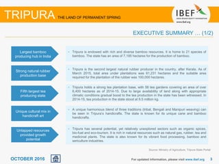 33OCTOBER 2016 For updated information, please visit www.ibef.org
EXECUTIVE SUMMARY … (1/2)
Source: Ministry of Agriculture, Tripura State Portal
TRIPURA THE LAND OF PERMANENT SPRING
Largest bamboo
producing hub in India
• Tripura is endowed with rich and diverse bamboo resources. It is home to 21 species of
bamboo. The state has an area of 7,195 hectares for the production of bamboo.
Strong natural rubber
production base
• Tripura is the second largest natural rubber producer in the country, after Kerala. As of
March 2015, total area under plantations was 61,231 hectares and the suitable area
required for the plantation of the rubber was 100,000 hectares.
Fifth largest tea
producing state
• Tripura holds a strong tea plantation base, with 58 tea gardens covering an area of over
6,400 hectares as of 2014-15. Due to large availability of land along with appropriate
climatic conditions gradual boost to the tea production in the state has been witnessed. In
2014-15, tea production in the state stood at 9.5 million kg.
Unique cultural mix in
handicraft art
• A unique harmonious blend of three traditions (tribal, Bengali and Manipuri weaving) can
be seen in Tripura’s handicrafts. The state is known for its unique cane and bamboo
handicrafts.
Untapped resources
provided growth
potential
• Tripura has several potential, yet relatively unexplored sectors such as organic spices,
bio-fuel and eco-tourism. It is rich in natural resources such as natural gas, rubber, tea and
medicinal plants. The state is also known for its vibrant food processing, bamboo and
sericulture industries.
 