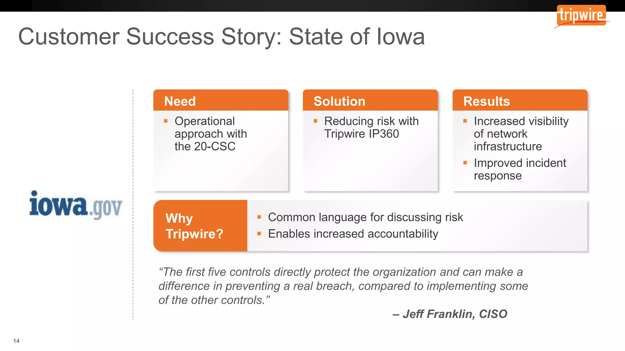 “The first five controls directly protect the organization and can make a
difference in preventing a real breach, compared to implementing some
of the other controls.”
– Jeff Franklin, CISO
