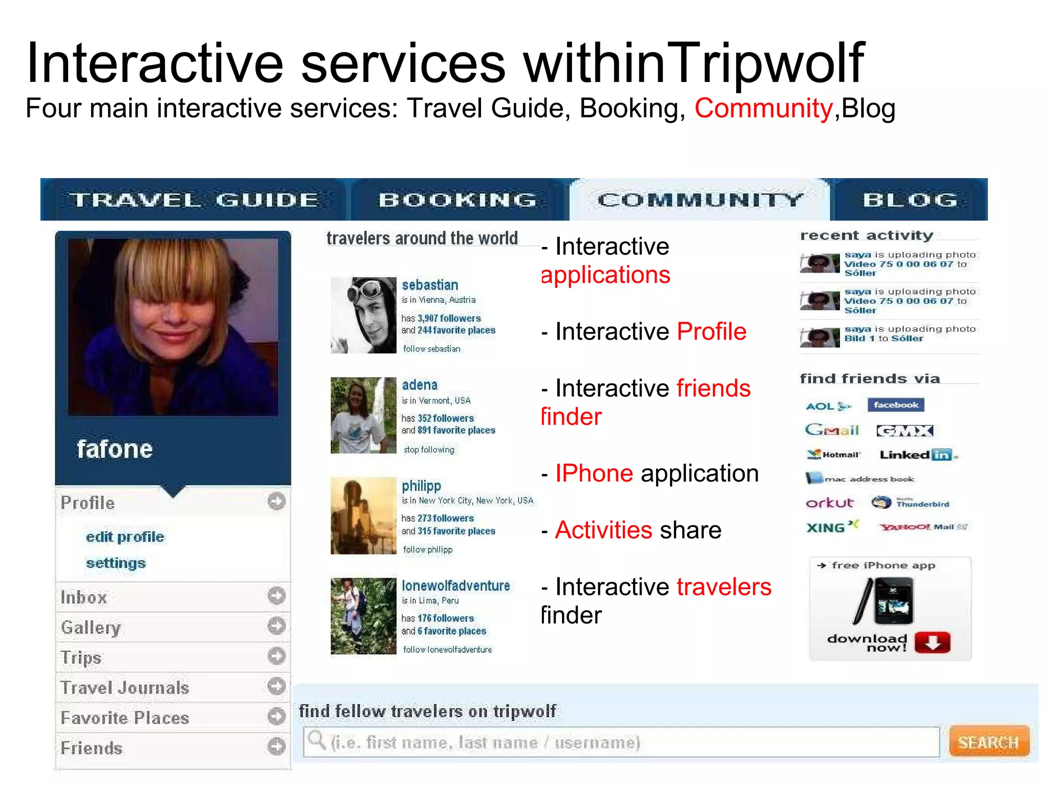 Interactive services withinTripwolf Four main interactive services: Travel Guide, Booking,  Community ,Blog - Interactive  applications - Interactive  Profile - Interactive  friends finder  -  IPhone  application -  Activities  share - Interactive  travelers  finder 