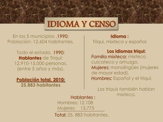IDIOMA Y CENSO
En los 5 municipios ,1990:
Población: 12,604 habitantes.
Todo el estado, 1990:
Hablantes de Triqui:
12,910-15,000 personas.
(entre 5 años y más).
Población total, 2010:
25,883 habitantes

Idioma :
Triqui, mixteco y español
Los idiomas triqui:
Familia mixteca: mixteco
cuicateco y amuzgo.
Mujeres: monolingües (mujeres
de mayor edad).
Hombres: Español y el triqui.
Los triquis también hablan
mixteco.

Hablantes :
Hombres: 12,108
Mujeres: 13,775
Total: 25, 883 habitantes.

 