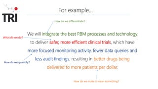 For example…
We will integrate the best RBM processes and technology
to deliver safer, more efficient clinical trials, which have
more focused monitoring activity, fewer data queries and
less audit findings, resulting in better drugs being
delivered to more patients per dollar.
How do we differentiate?
What do we do?
How do we quantify?
How do we make it mean something?
 