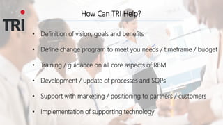 How Can TRI Help?
• Definition of vision, goals and benefits
• Define change program to meet you needs / timeframe / budget
• Training / guidance on all core aspects of RBM
• Development / update of processes and SOPs
• Support with marketing / positioning to partners / customers
• Implementation of supporting technology
 