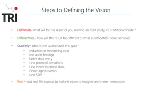 Steps to Defining the Vision
• Definition– what will be the result of you running an RBM study, vs. traditional model?
• Differentiate– how will this result be different to what a competitor could achieve?
• Quantify– what is the quantifiable end goal?
• reduction in monitoring cost
• less audit findings
• faster data entry
• Less protocol deviations
• Less errors in critical data
• Fewer aged queries
• Less SDV
• Real – add real life aspects to make it easier to imagine and more memorable
 