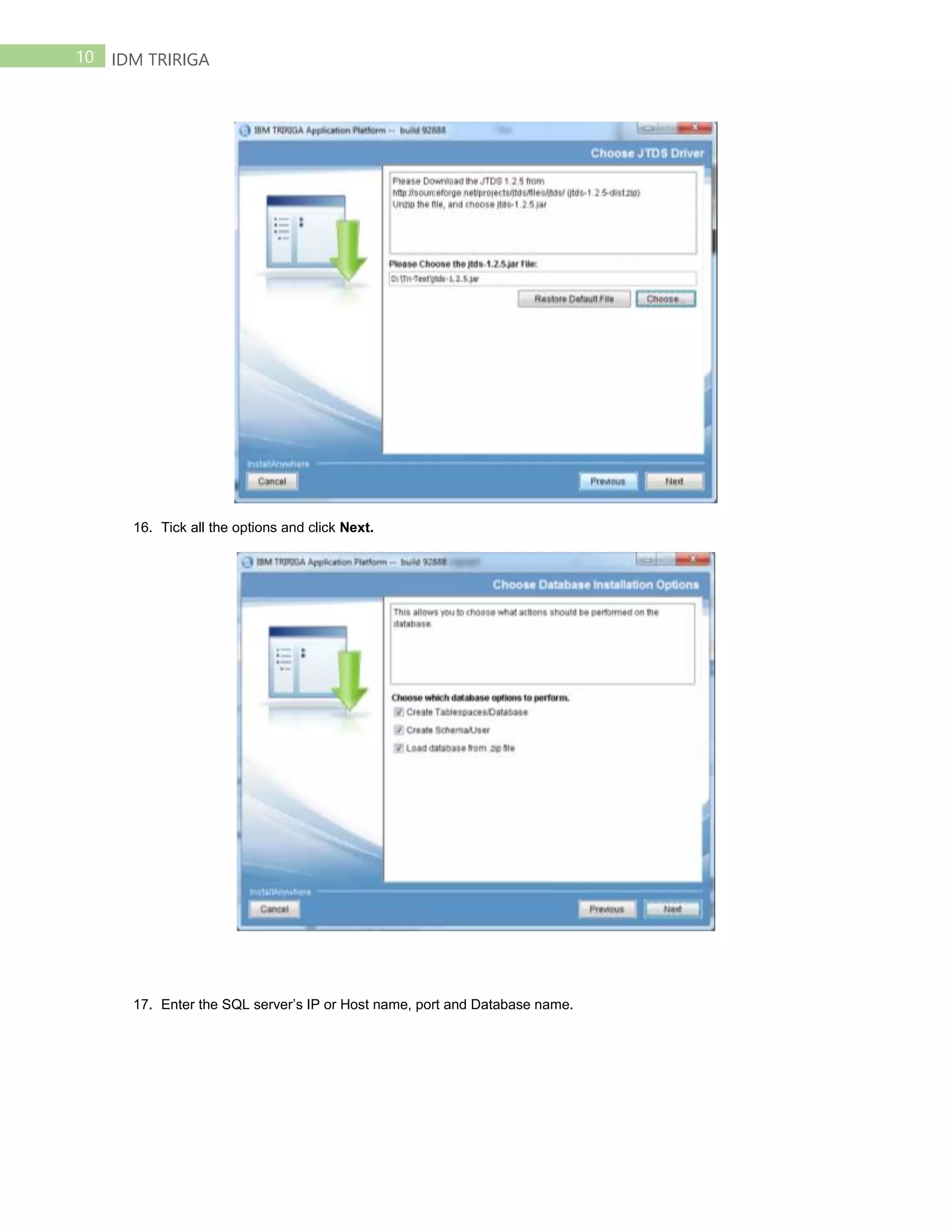 10 IDM TRIRIGA
16. Tick all the options and click Next.
17. Enter the SQL server’s IP or Host name, port and Database name.
 