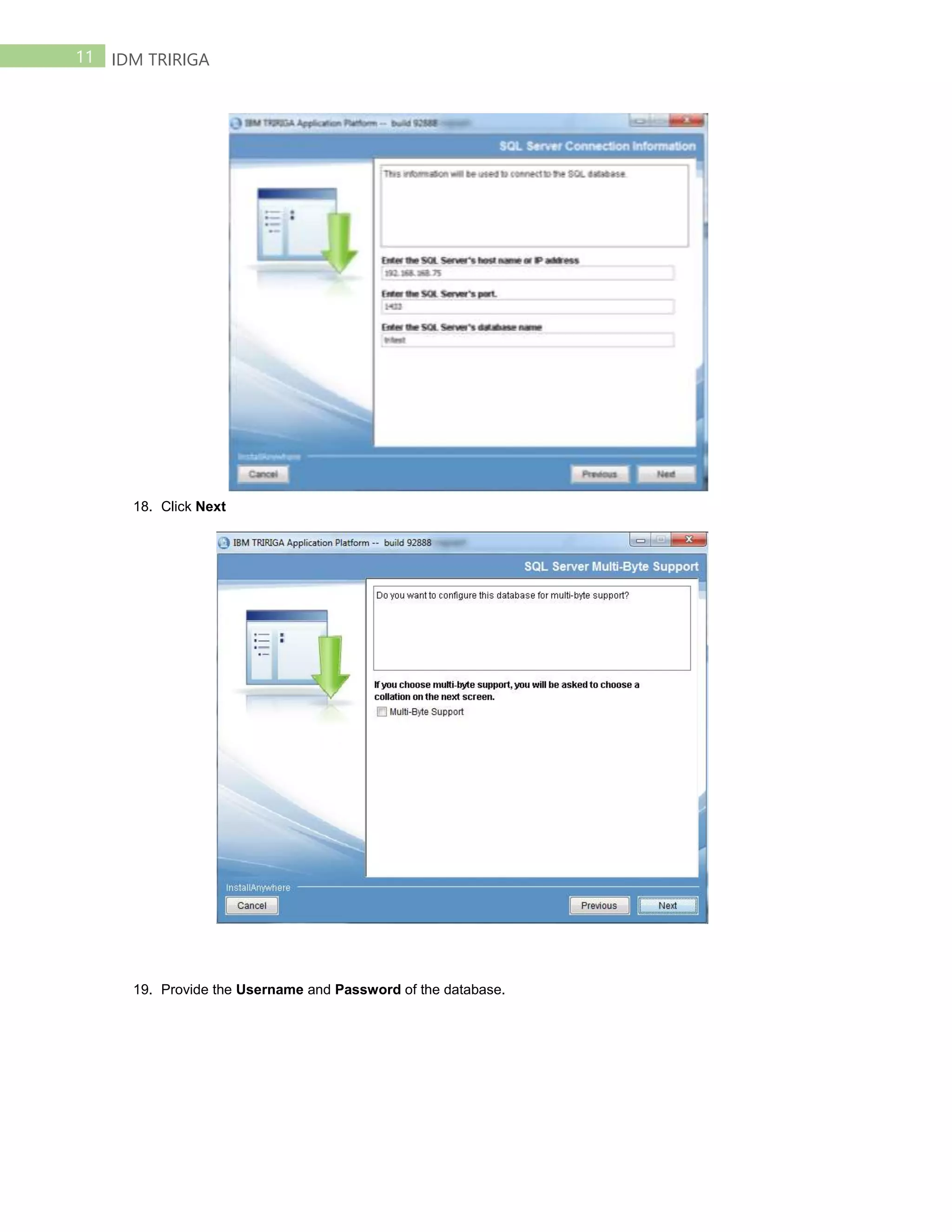 11 IDM TRIRIGA
18. Click Next
19. Provide the Username and Password of the database.
 