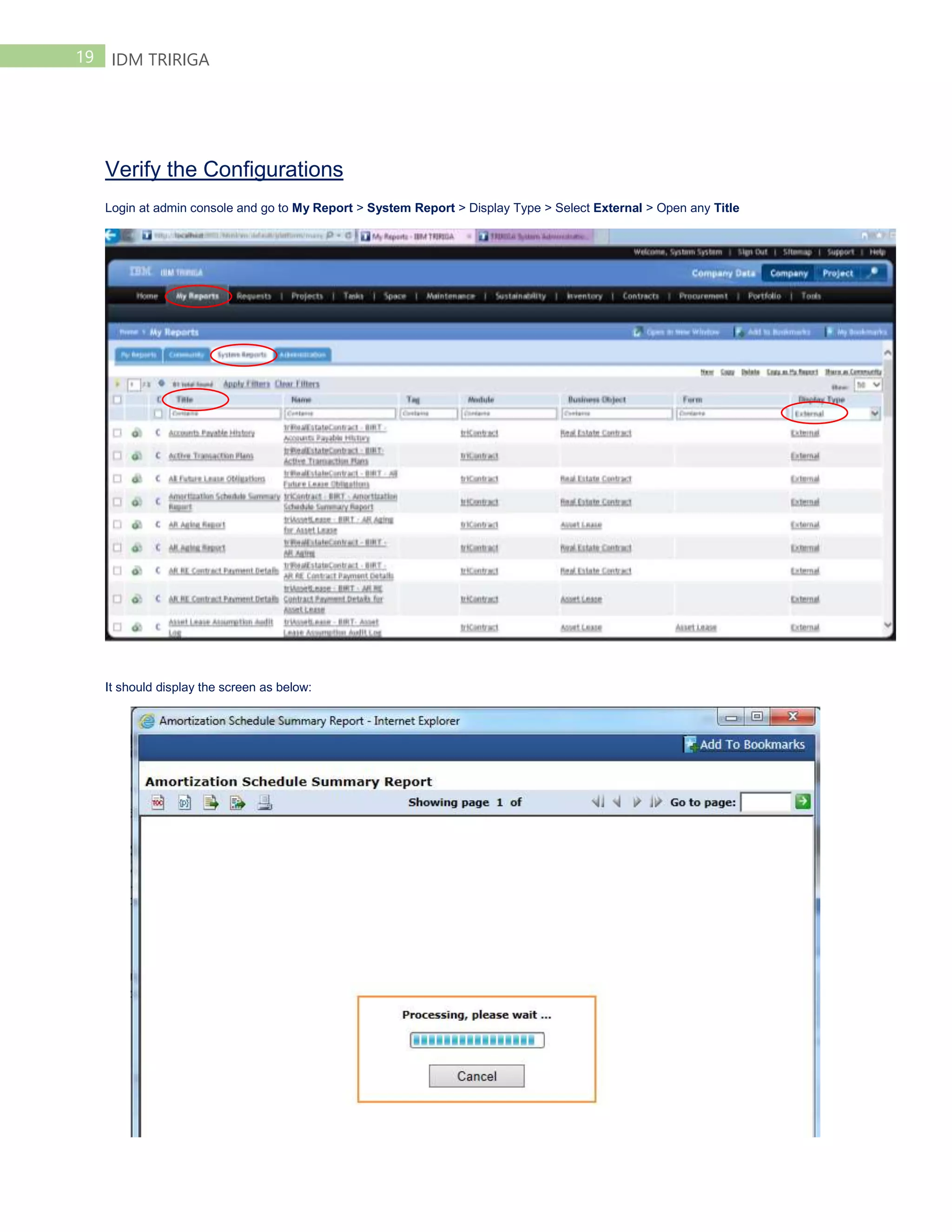 19 IDM TRIRIGA
Verify the Configurations
Login at admin console and go to My Report > System Report > Display Type > Select External > Open any Title
It should display the screen as below:
 
